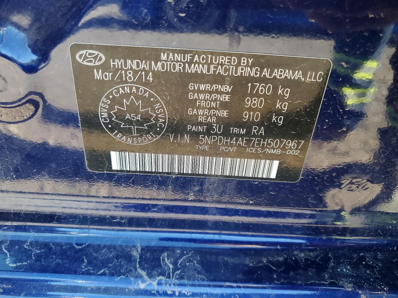 2014 Hyundai Elantra Se Blue vin: 5NPDH4AE7EH507967
