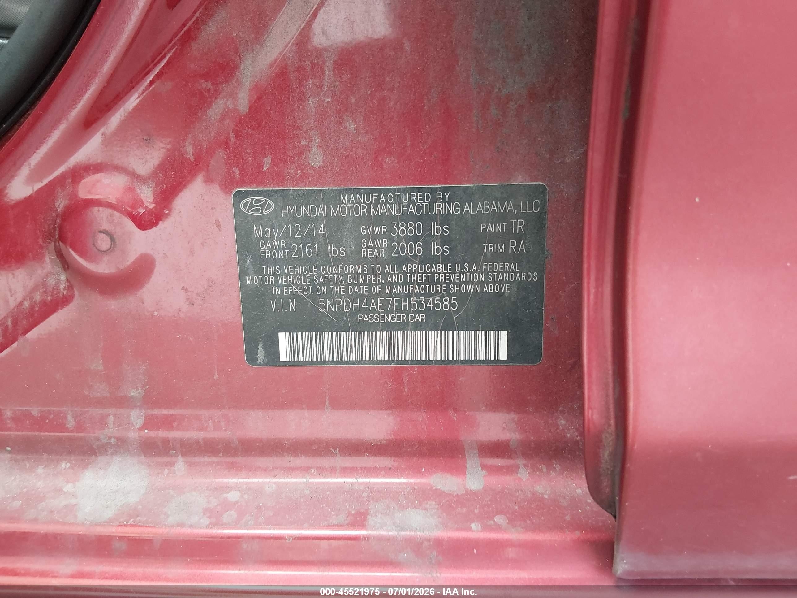 2014 Hyundai Elantra Se Red vin: 5NPDH4AE7EH534585