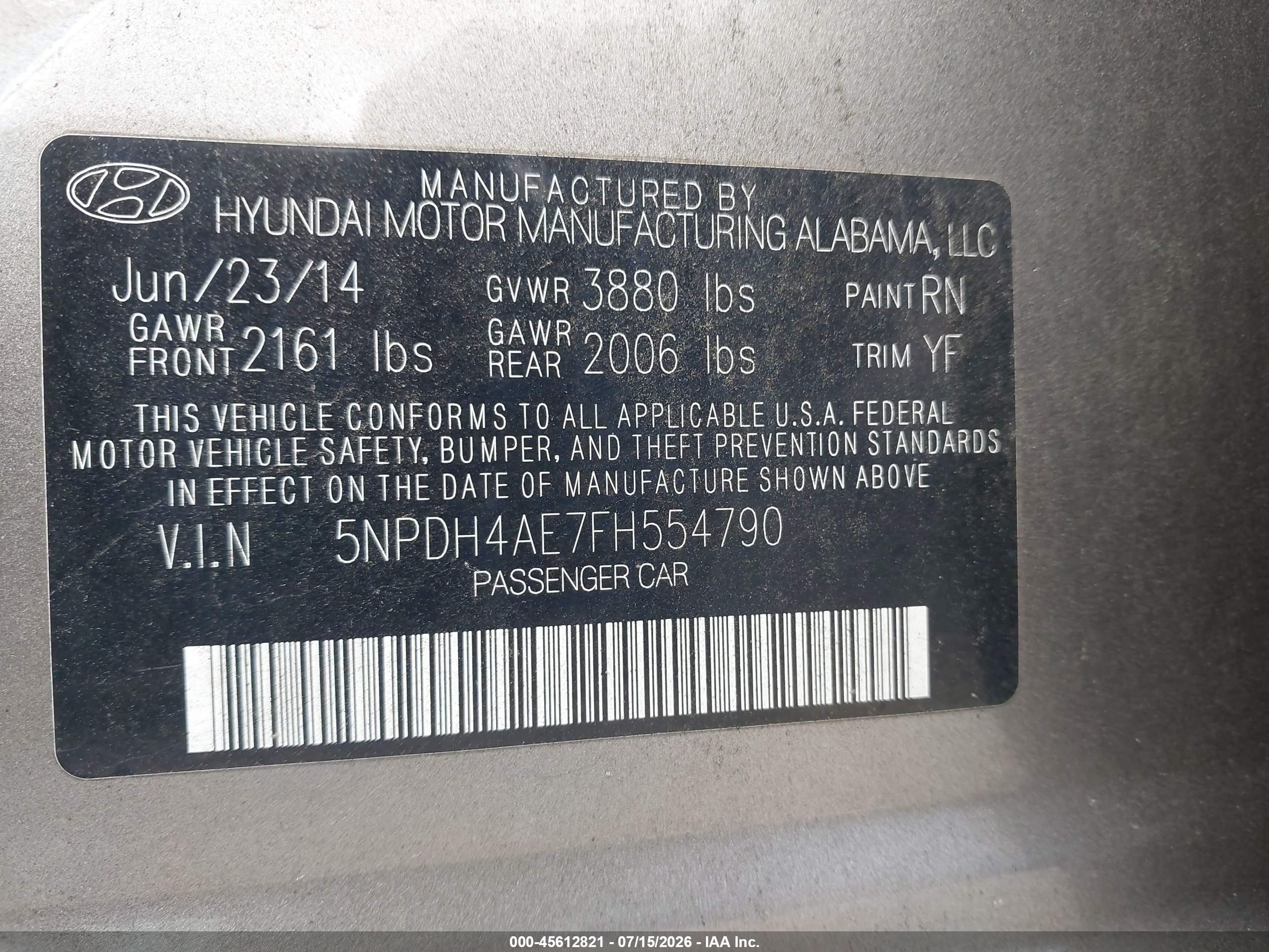 2015 Hyundai Elantra Se Tan vin: 5NPDH4AE7FH554790