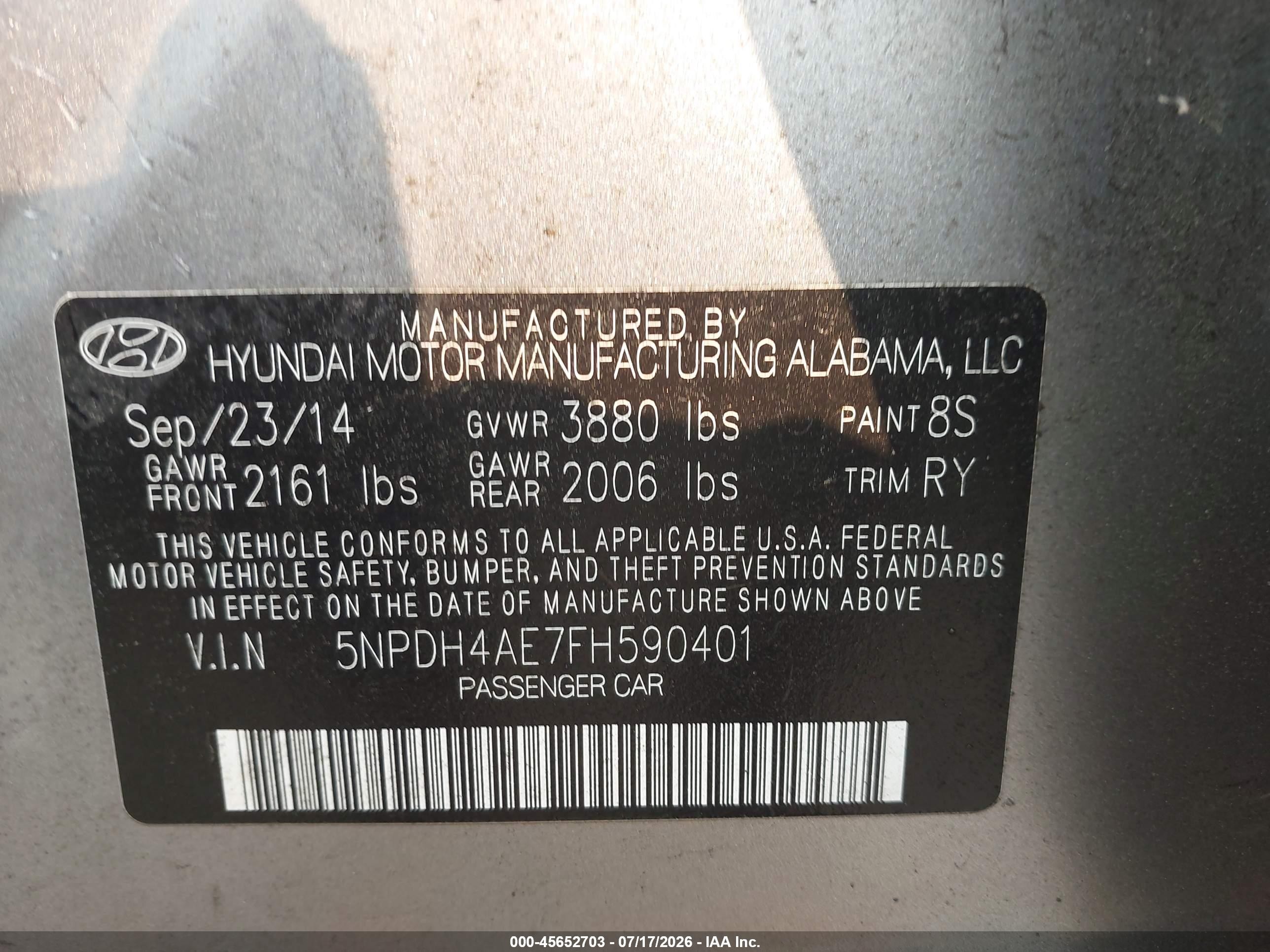 2015 Hyundai Elantra Se Silver vin: 5NPDH4AE7FH590401