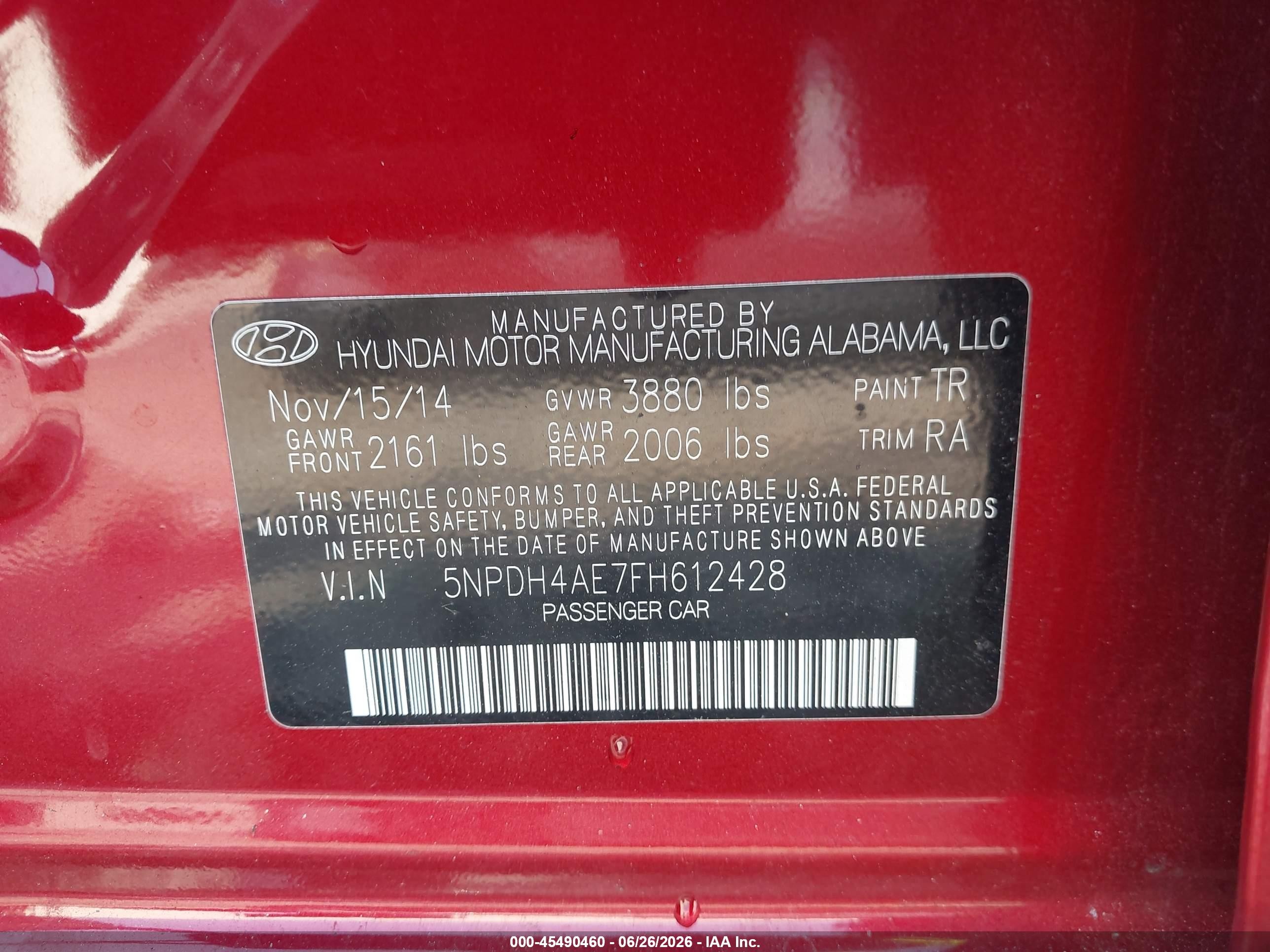 2015 Hyundai Elantra Se Red vin: 5NPDH4AE7FH612428