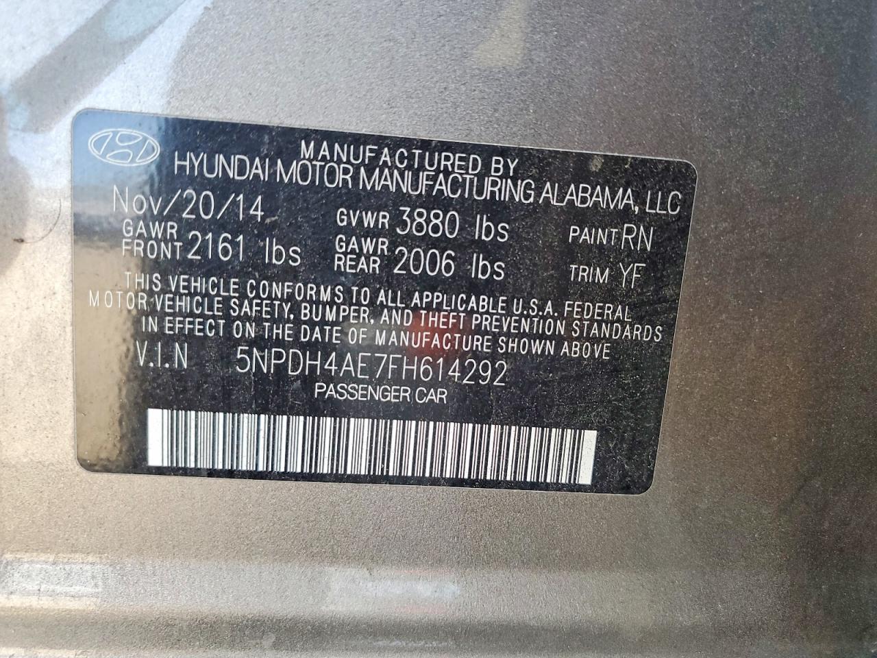2015 Hyundai Elantra Se Gold vin: 5NPDH4AE7FH614292