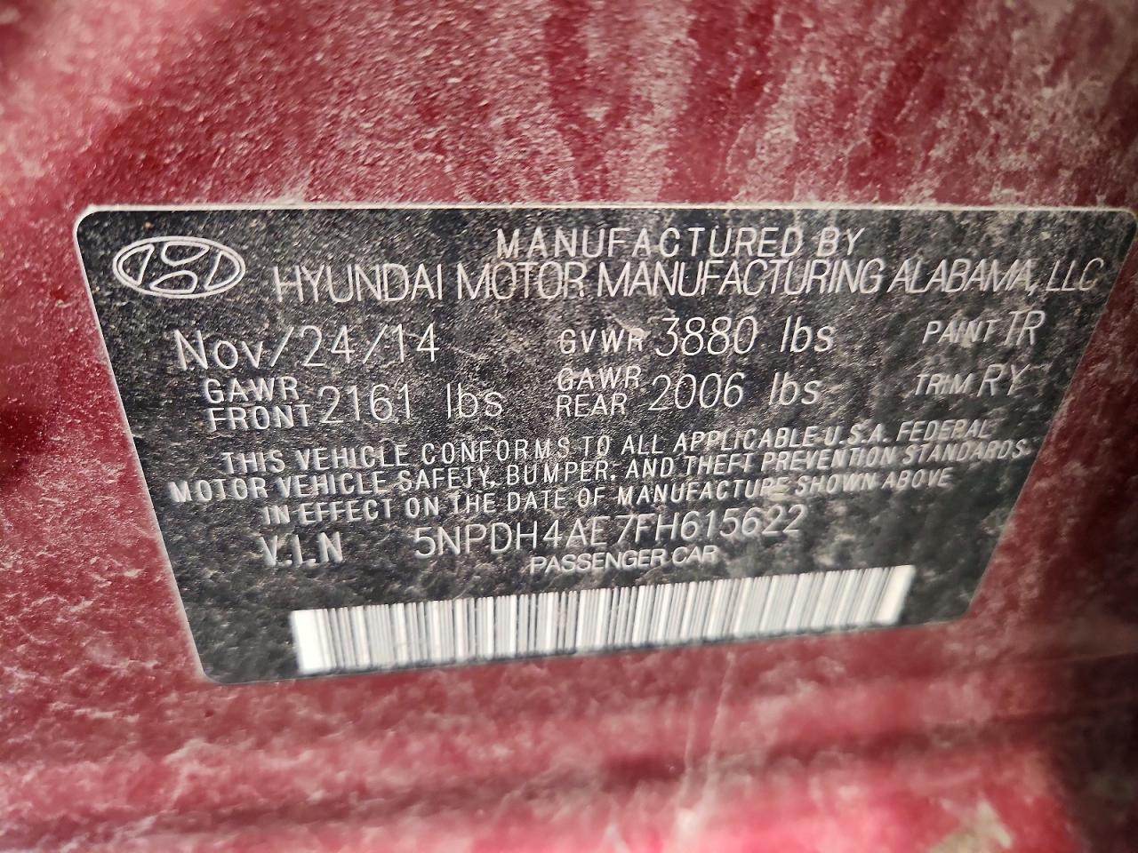 2015 Hyundai Elantra Se Red vin: 5NPDH4AE7FH615622