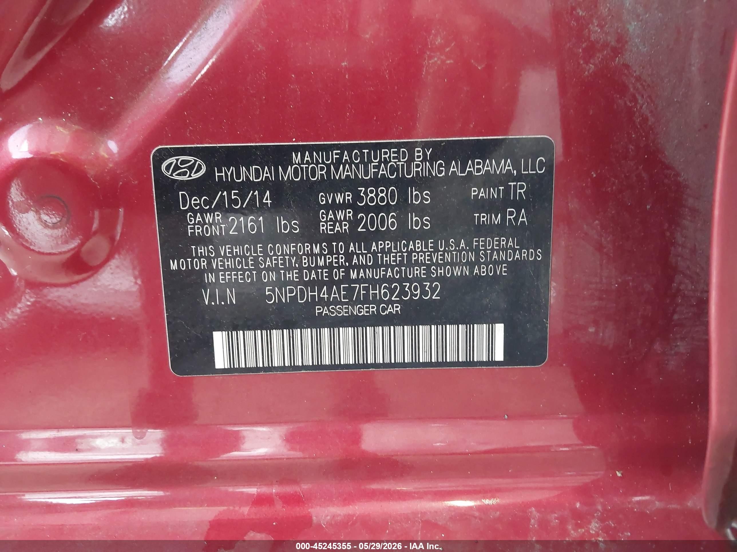 2015 Hyundai Elantra Se Burgundy vin: 5NPDH4AE7FH623932