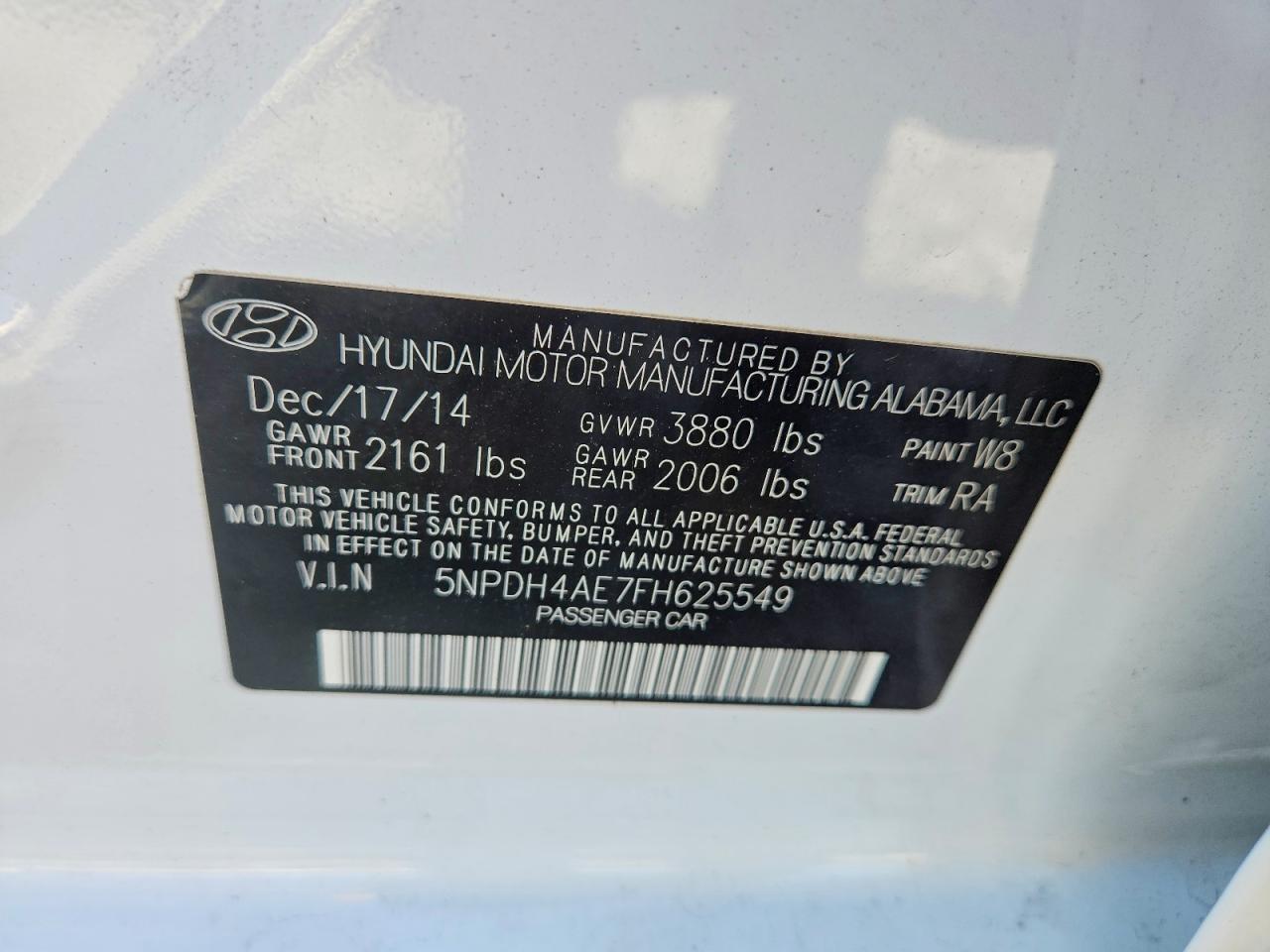 2015 Hyundai Elantra Se White vin: 5NPDH4AE7FH625549