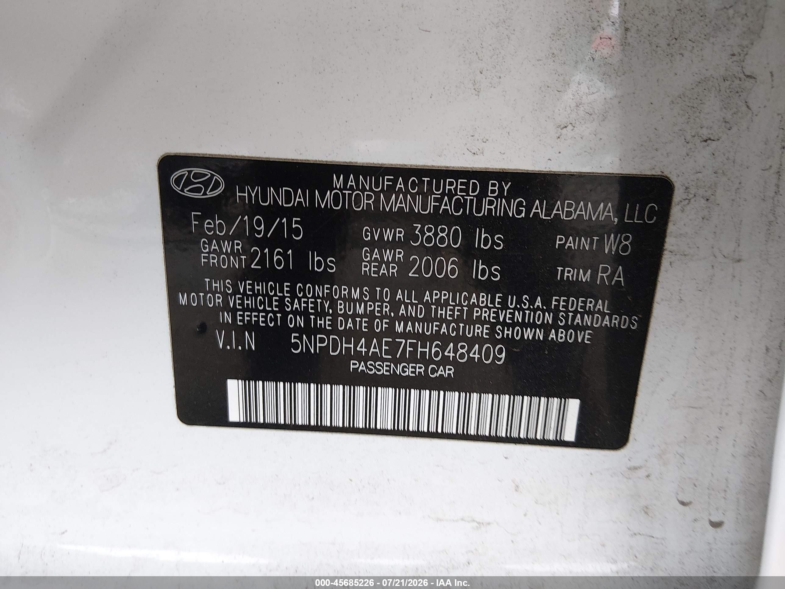 2015 Hyundai Elantra Se White vin: 5NPDH4AE7FH648409