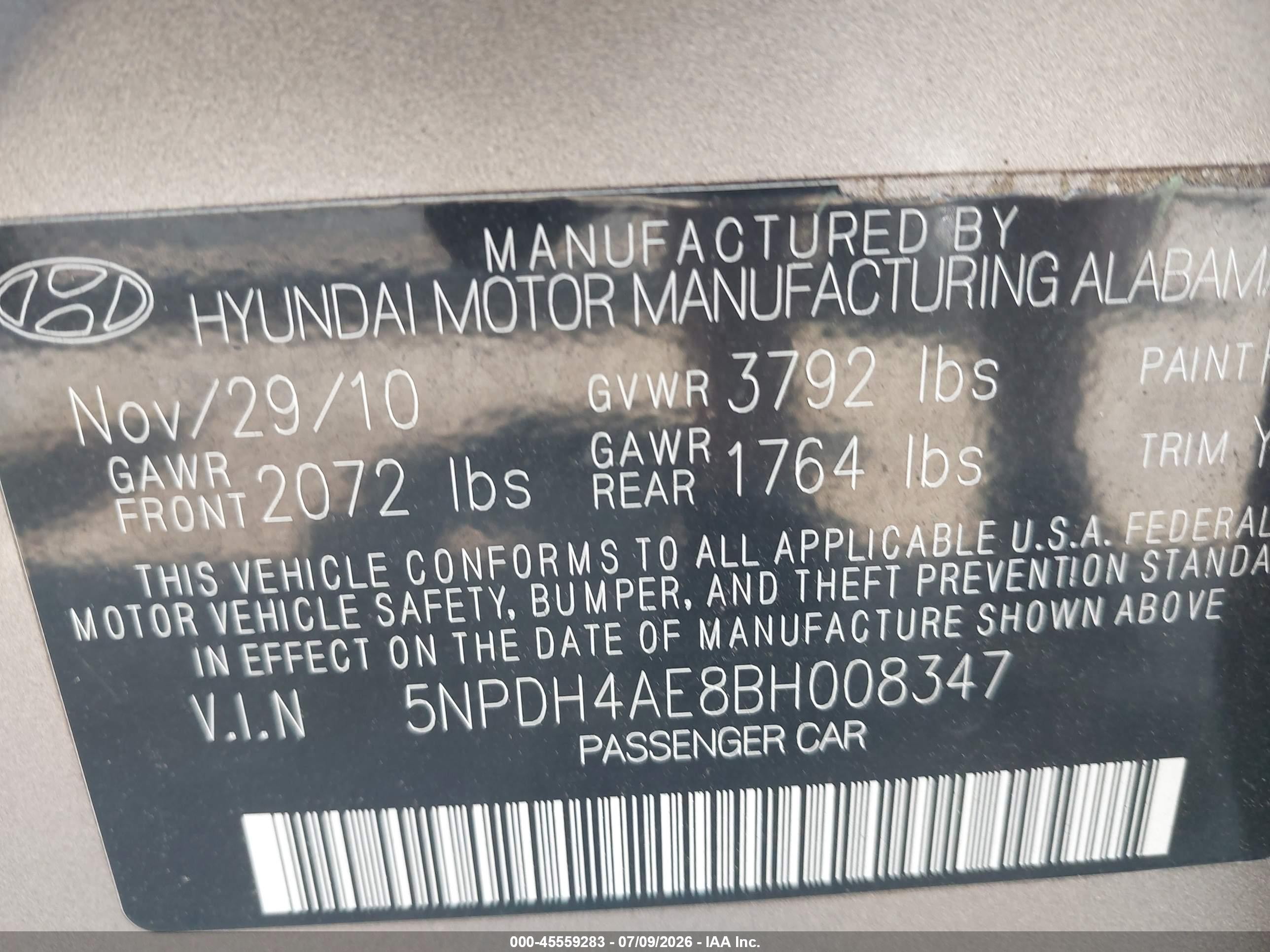 2011 Hyundai Elantra Gls Gold vin: 5NPDH4AE8BH008347