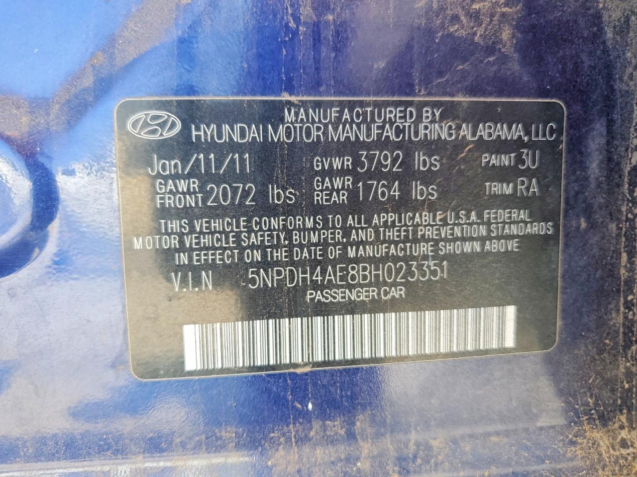 2011 Hyundai Elantra Gls Blue vin: 5NPDH4AE8BH023351