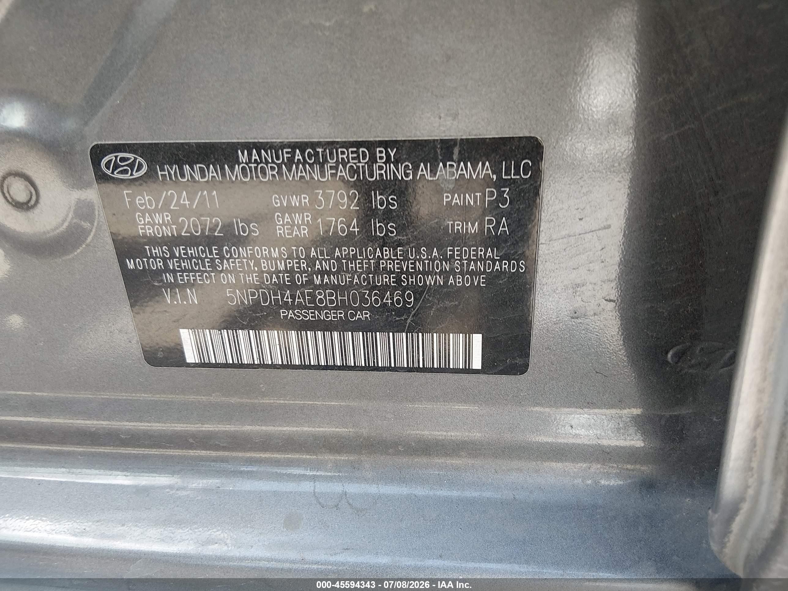 2011 Hyundai Elantra Gls Серый vin: 5NPDH4AE8BH036469