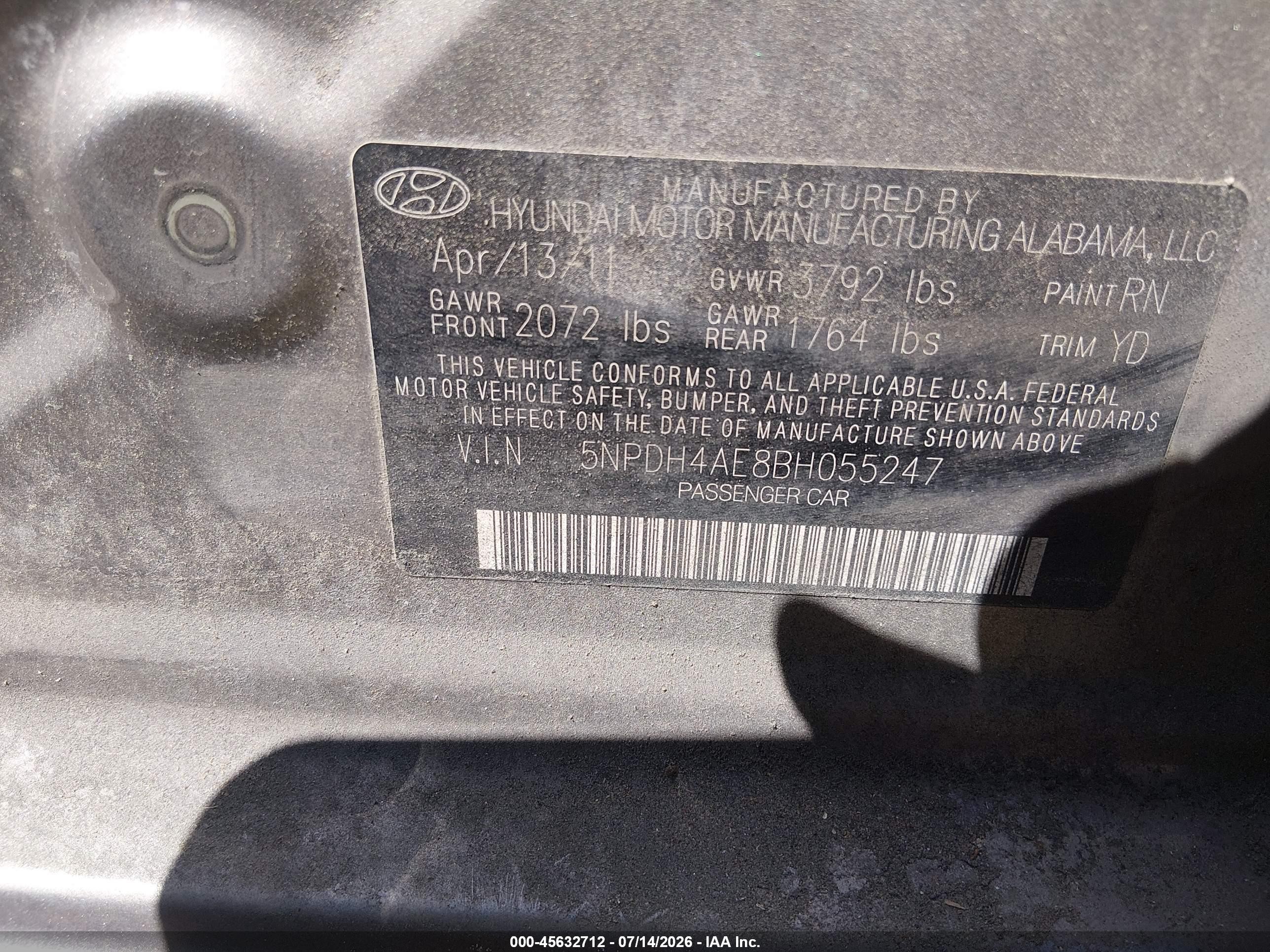 2011 Hyundai Elantra Gls Gold vin: 5NPDH4AE8BH055247