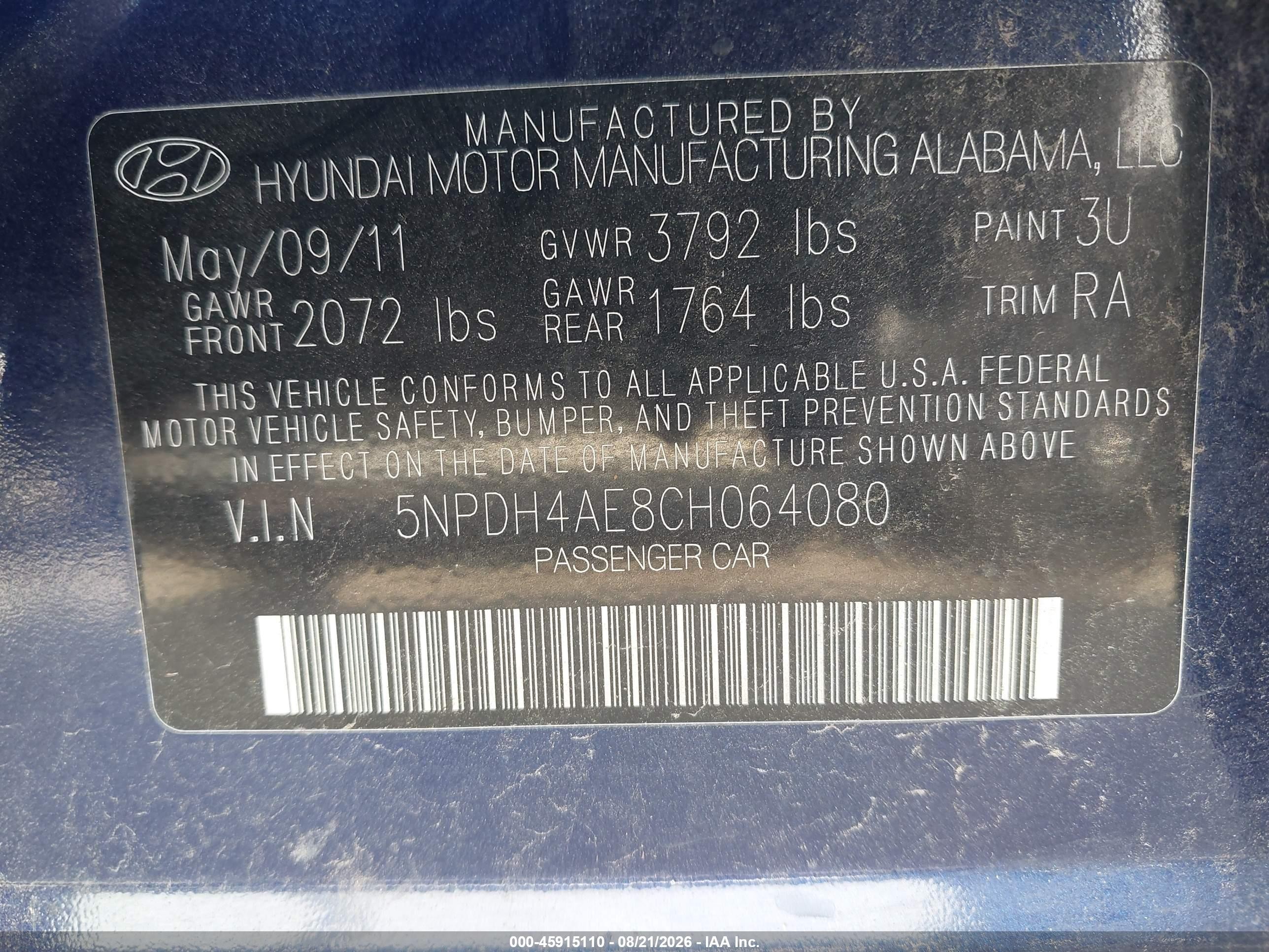 2012 Hyundai Elantra Gls Blue vin: 5NPDH4AE8CH064080