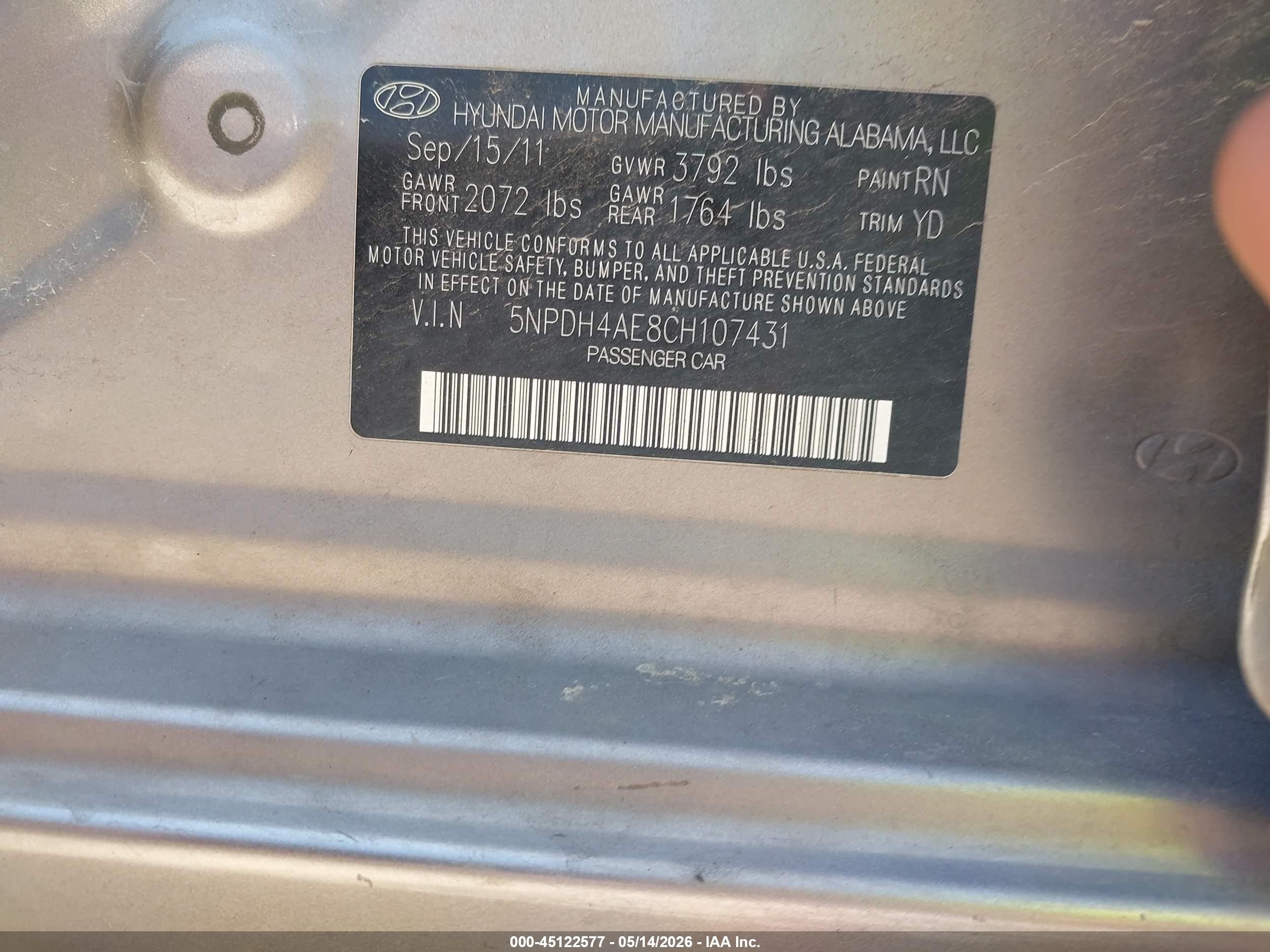 2012 Hyundai Elantra Limited Серебряный vin: 5NPDH4AE8CH107431