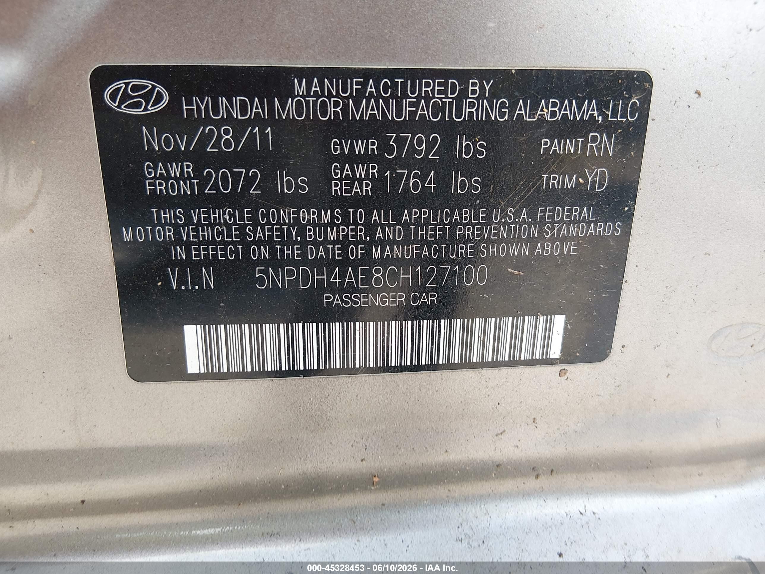 2012 Hyundai Elantra Gls Gold vin: 5NPDH4AE8CH127100