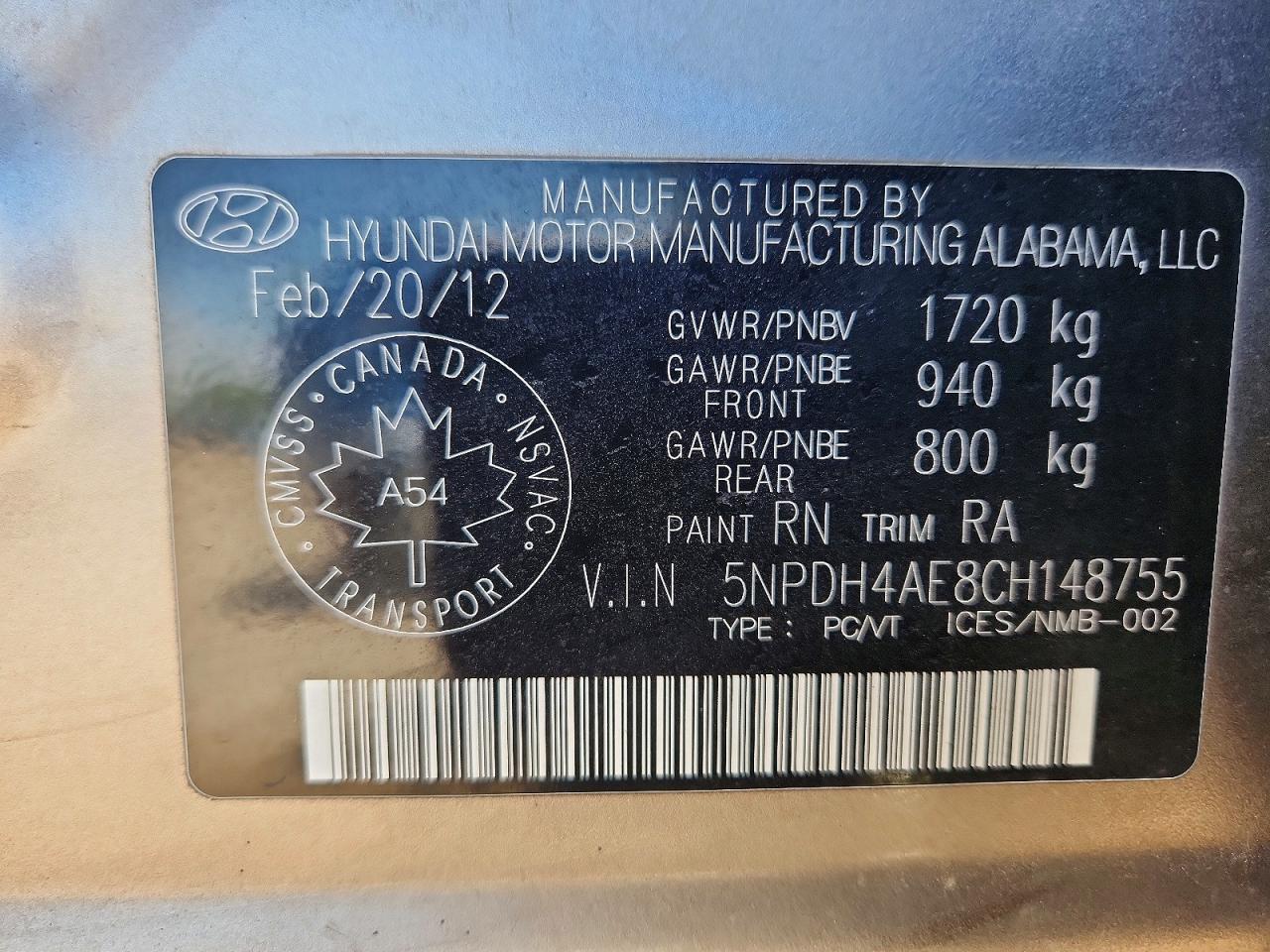 2012 Hyundai Elantra Gls Gold vin: 5NPDH4AE8CH148755