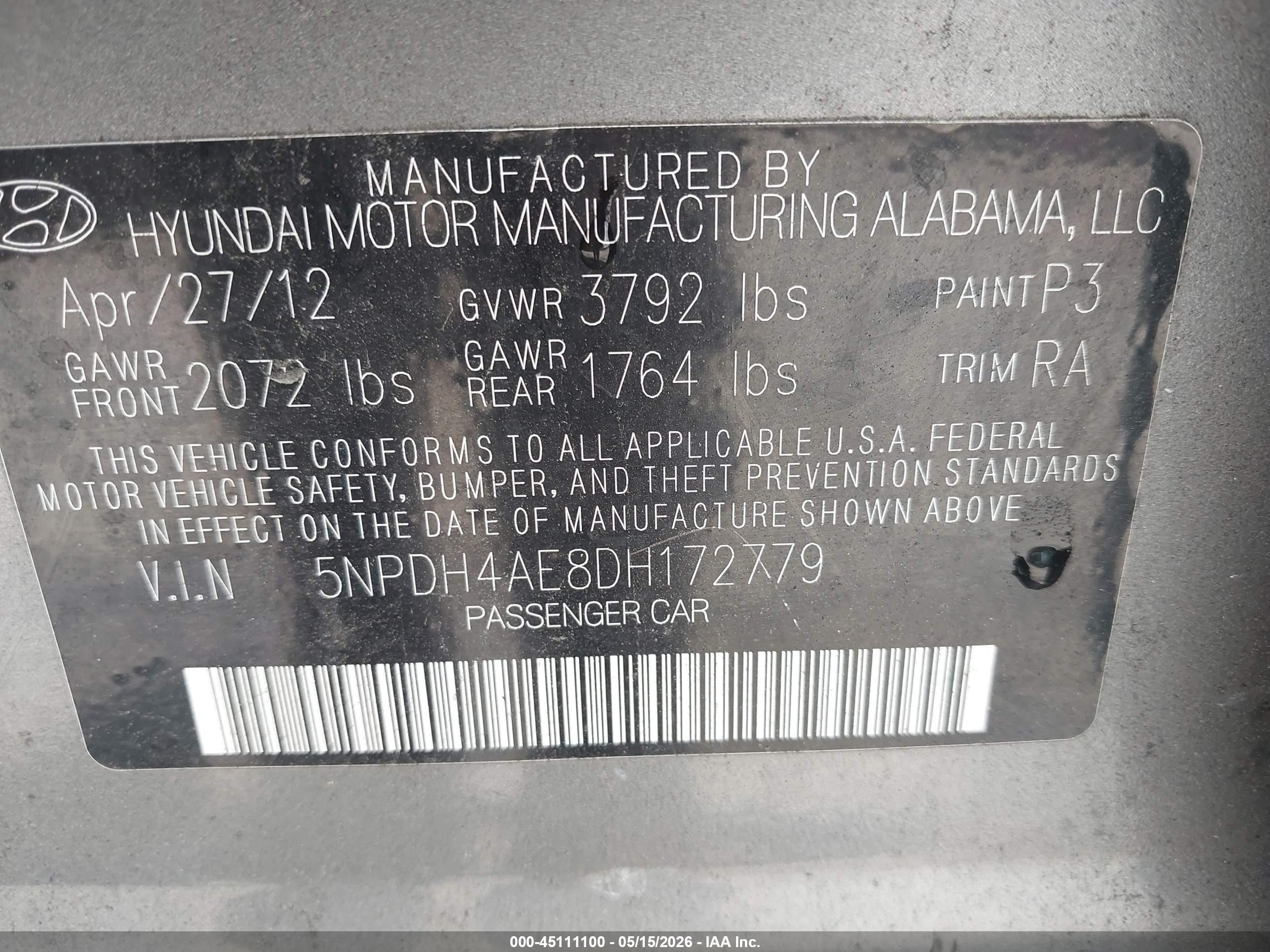 2013 Hyundai Elantra Limited Серый vin: 5NPDH4AE8DH172779