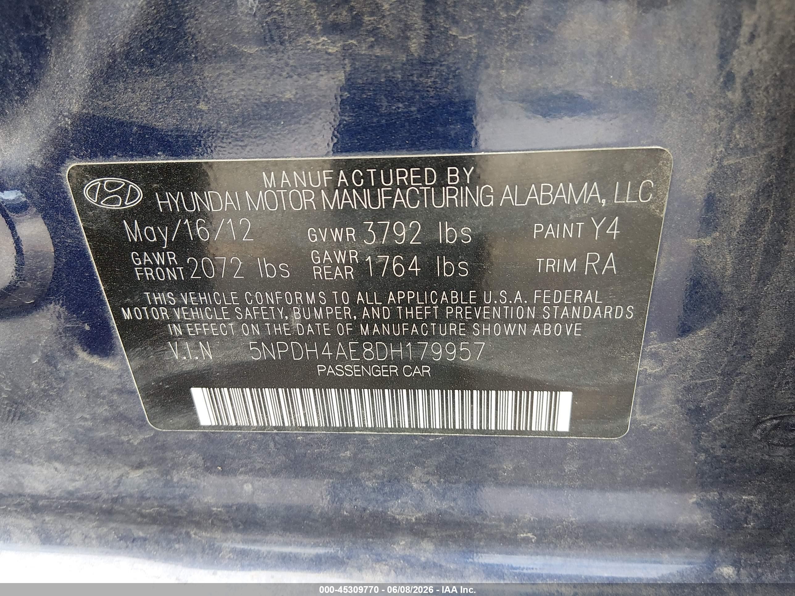 2013 Hyundai Elantra Limited Blue vin: 5NPDH4AE8DH179957