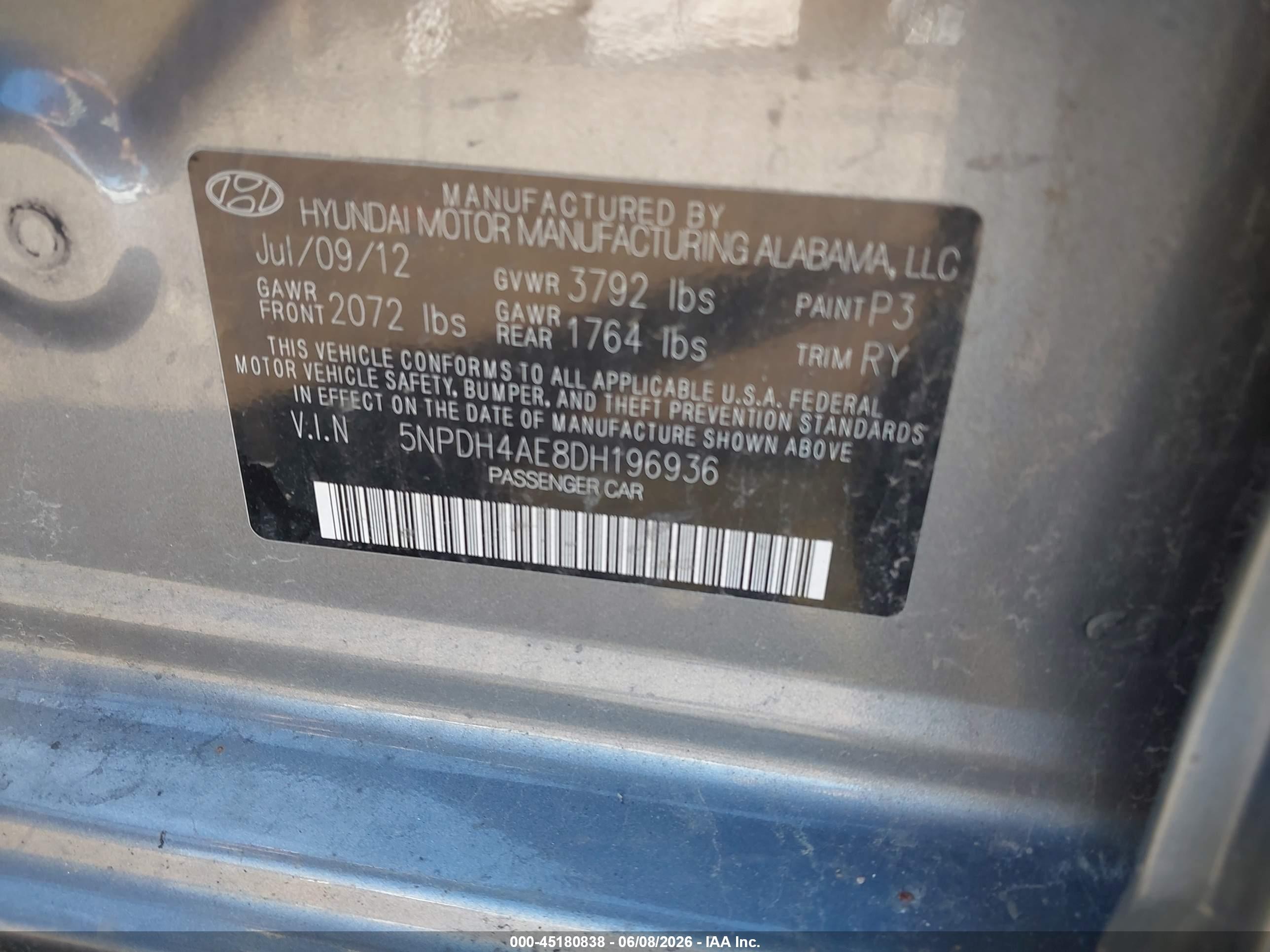 2013 Hyundai Elantra Limited Gray vin: 5NPDH4AE8DH196936