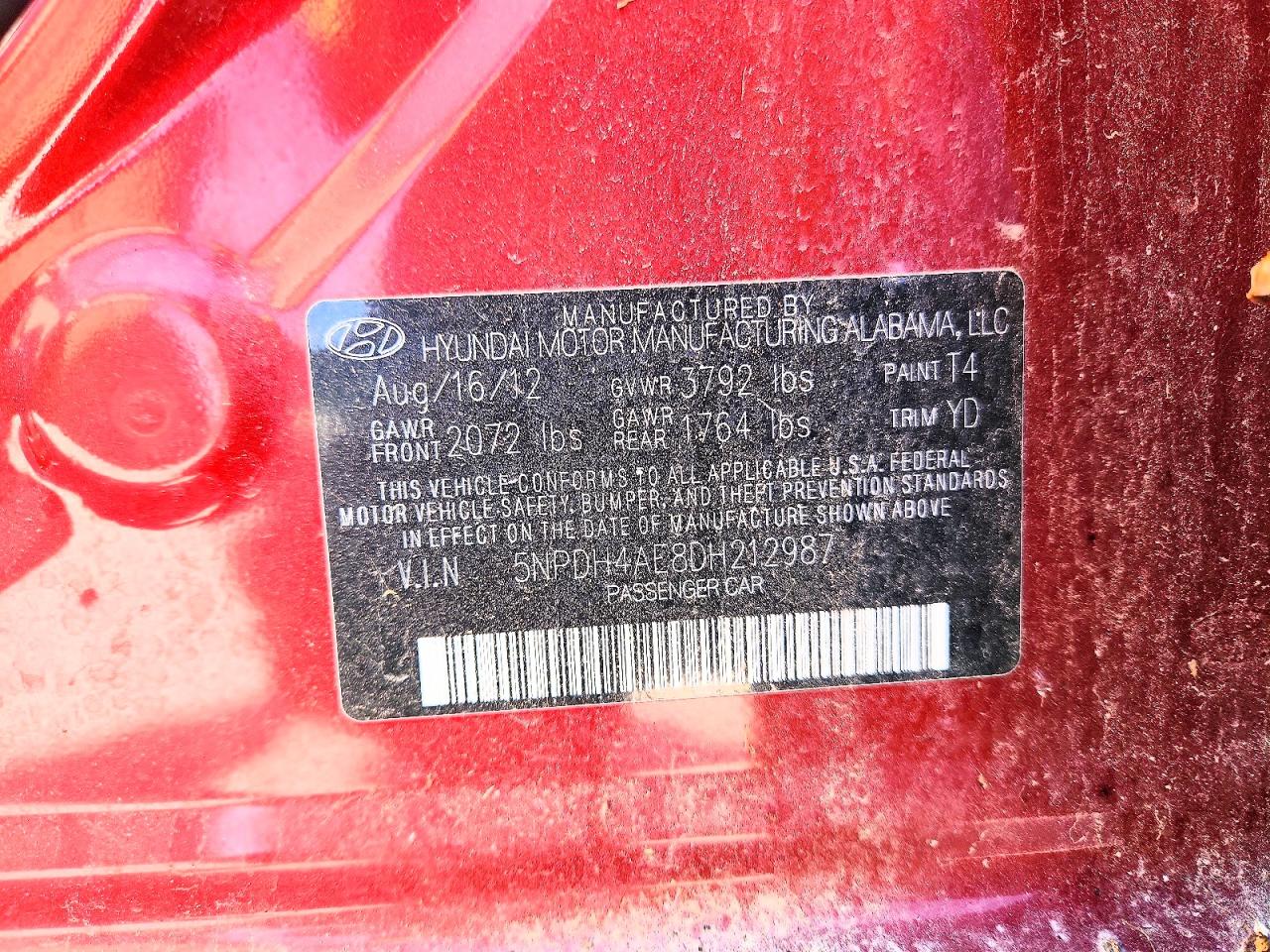2013 Hyundai Elantra Gls Red vin: 5NPDH4AE8DH212987