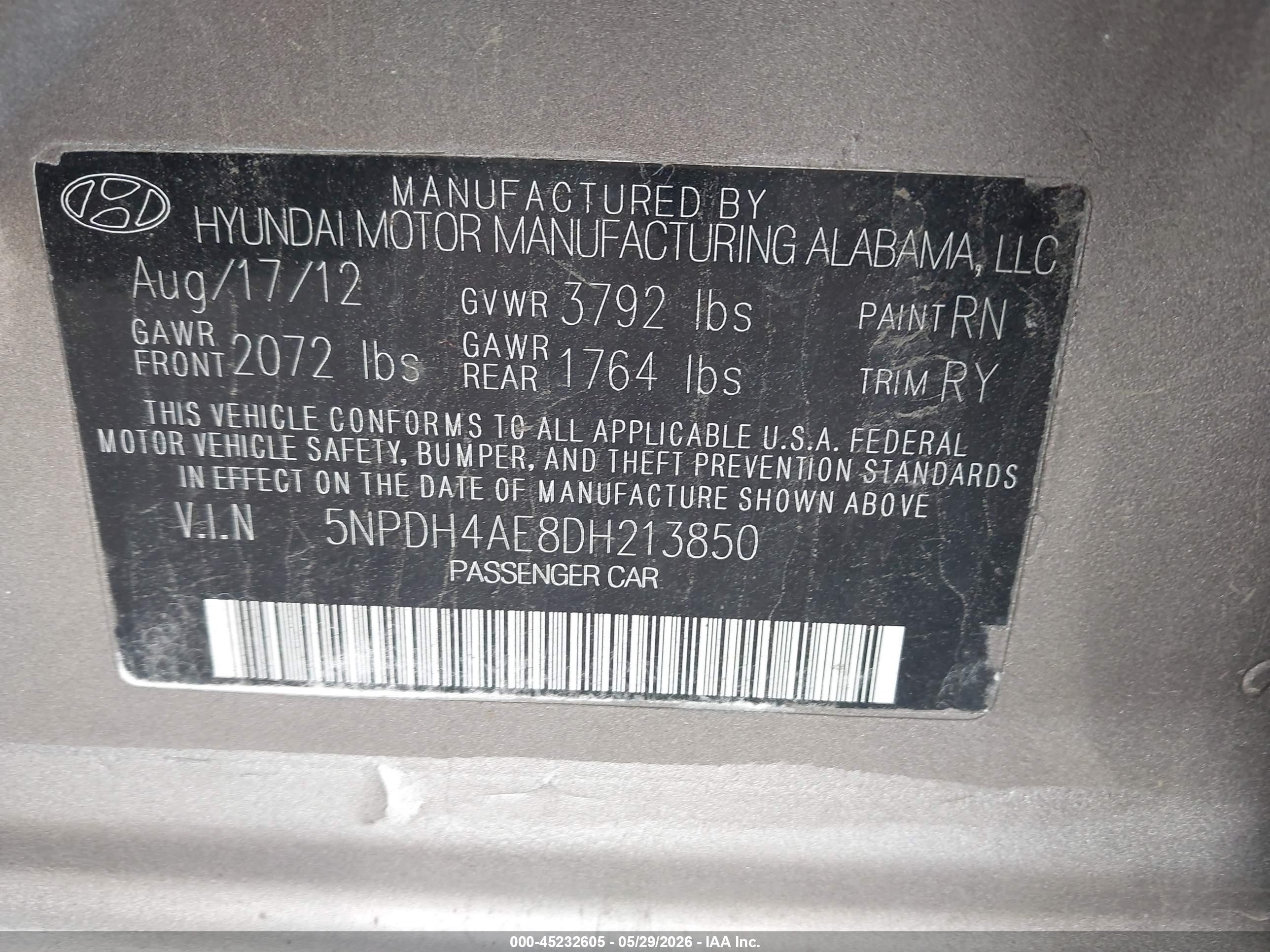 2013 Hyundai Elantra Limited Champagne vin: 5NPDH4AE8DH213850