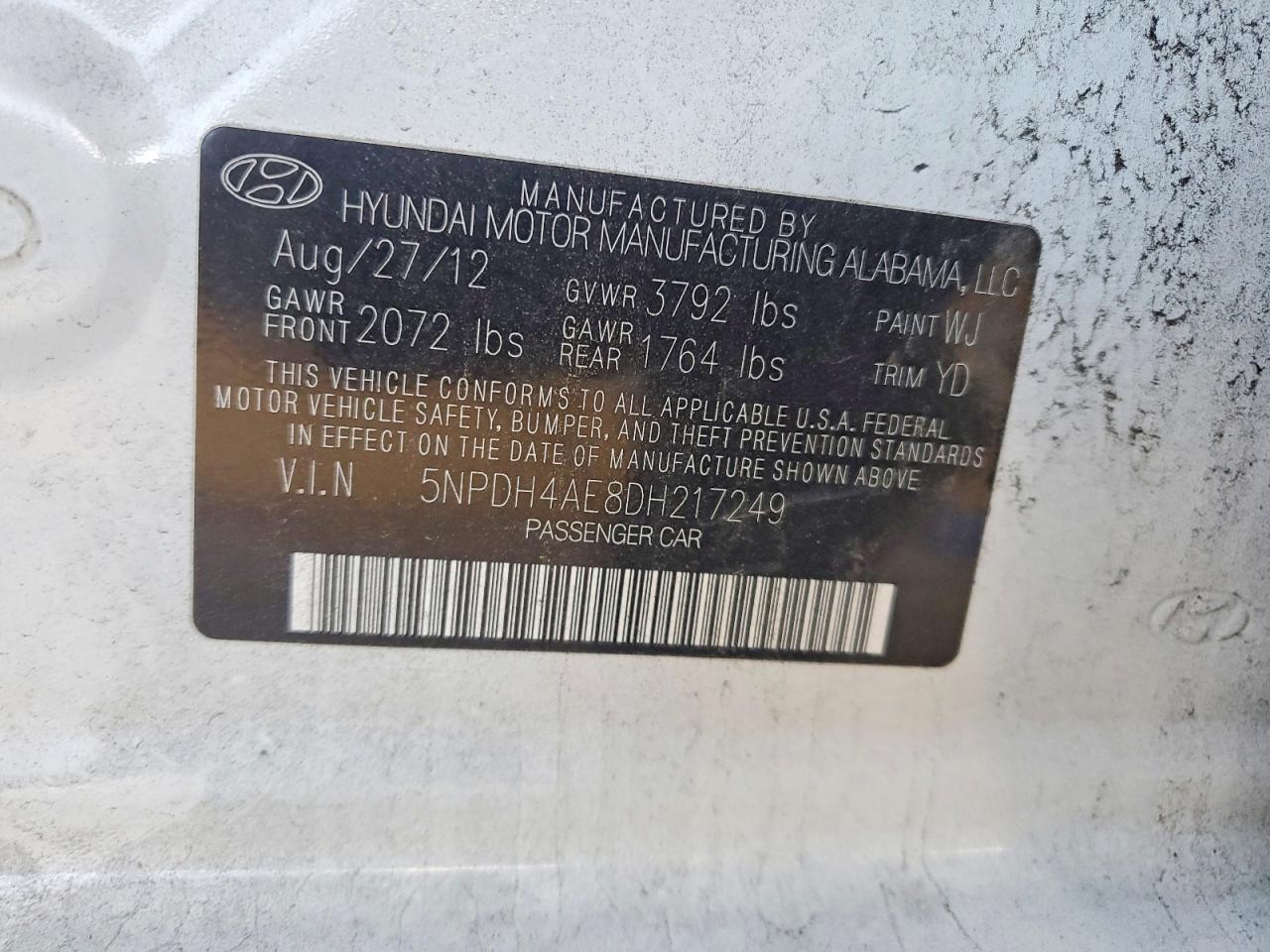 2013 Hyundai Elantra Gls White vin: 5NPDH4AE8DH217249