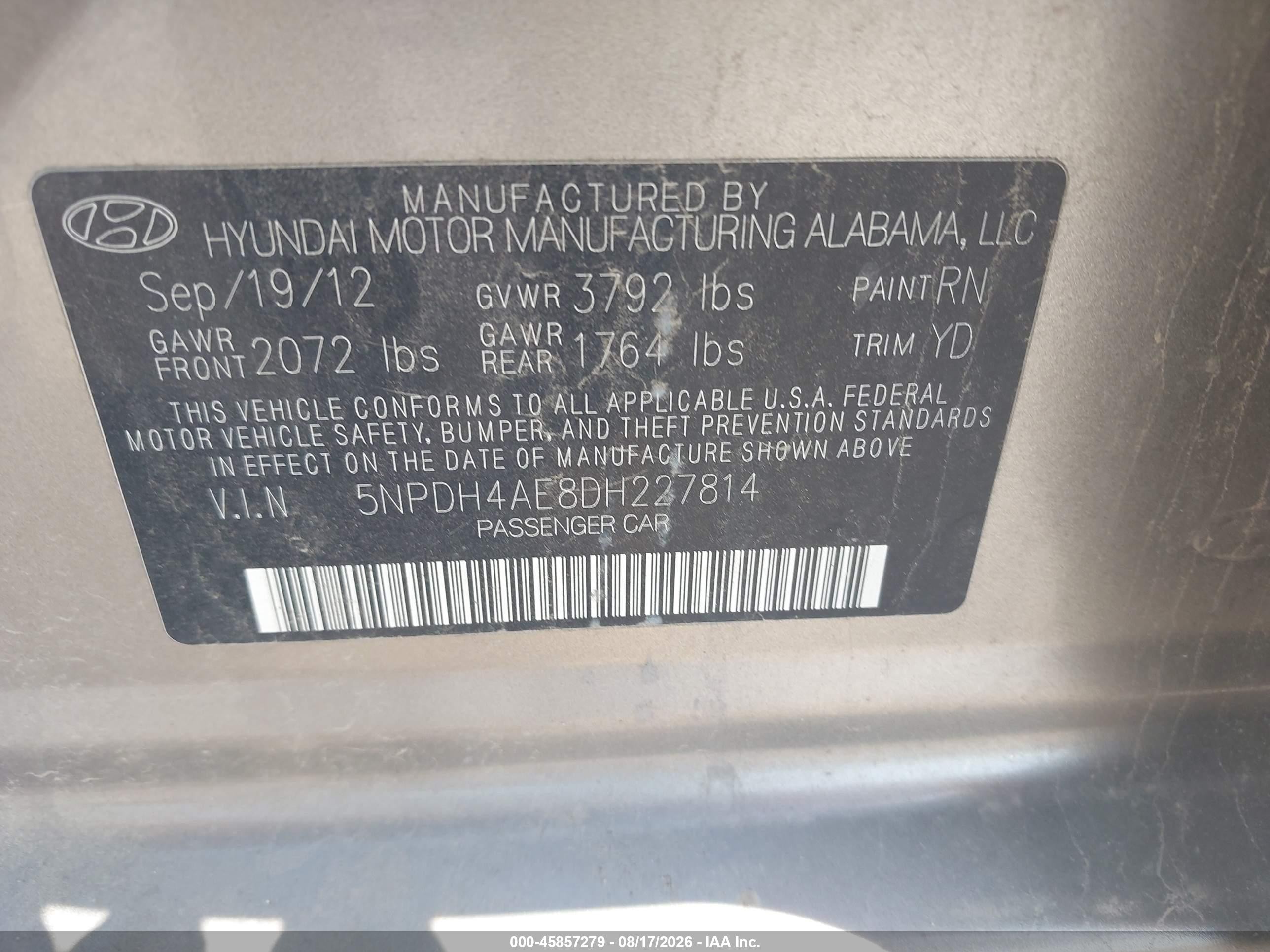 2013 Hyundai Elantra Gls Gold vin: 5NPDH4AE8DH227814