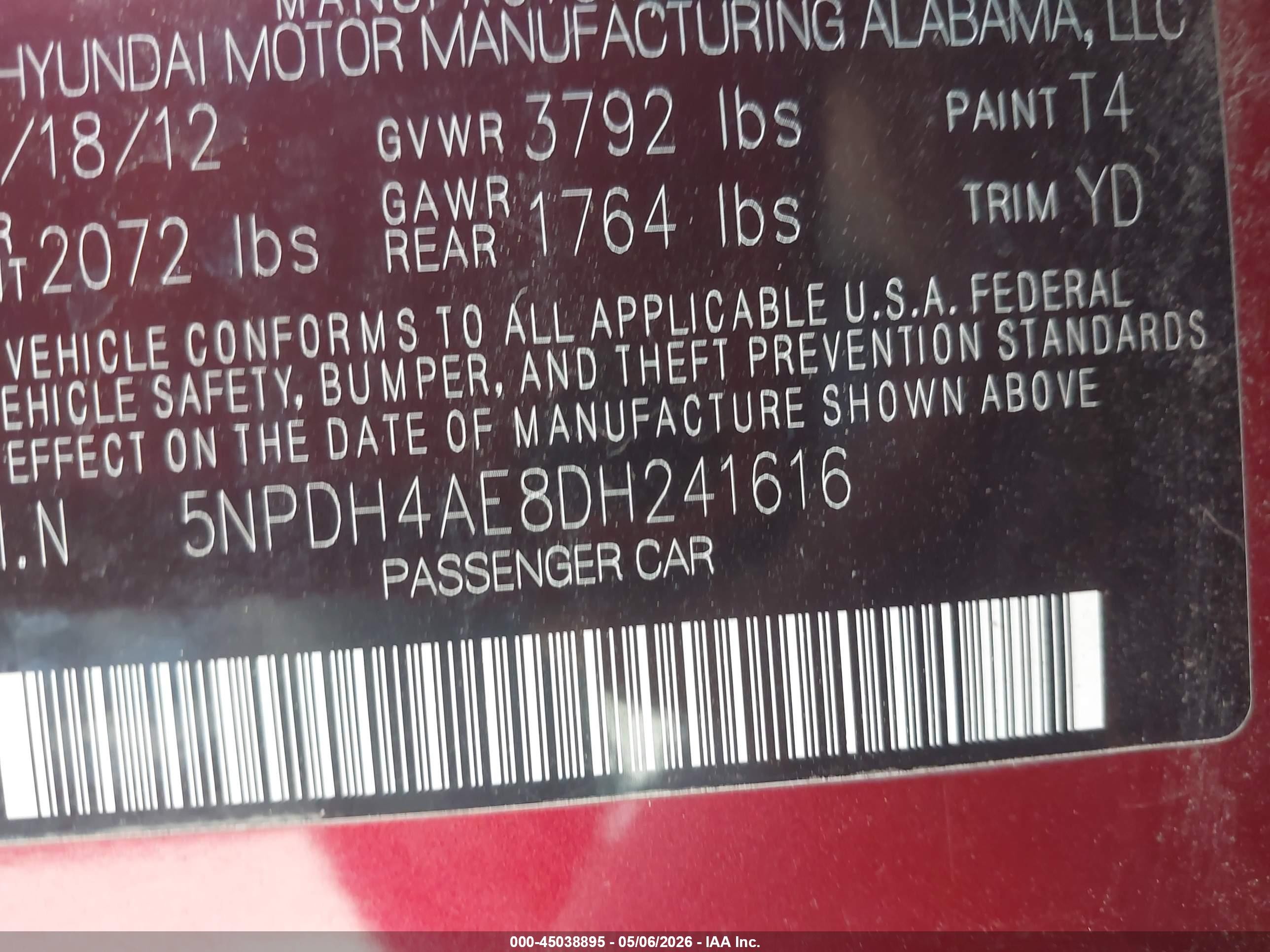 2013 Hyundai Elantra Gls Red vin: 5NPDH4AE8DH241616