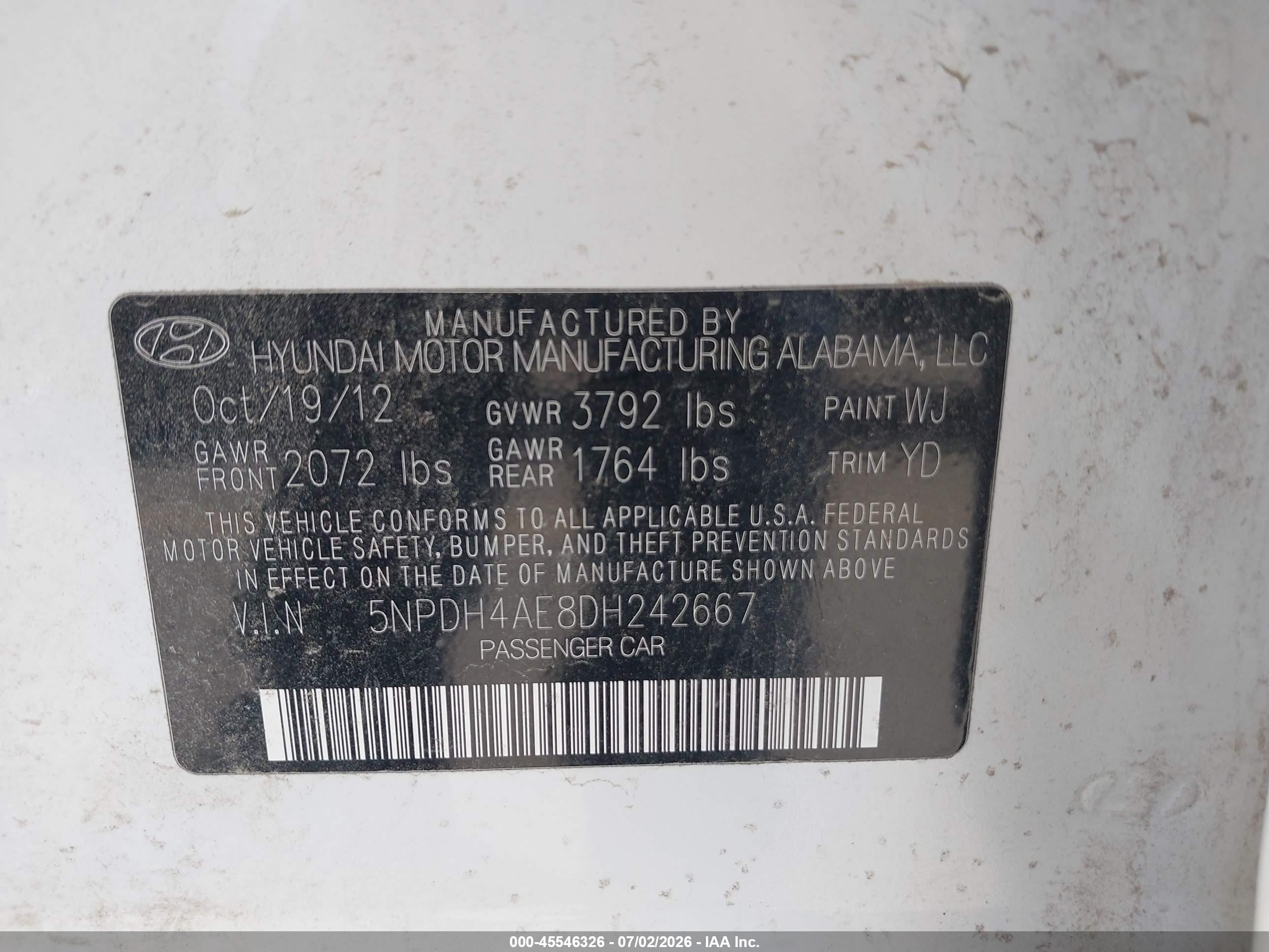 2013 Hyundai Elantra Gls White vin: 5NPDH4AE8DH242667