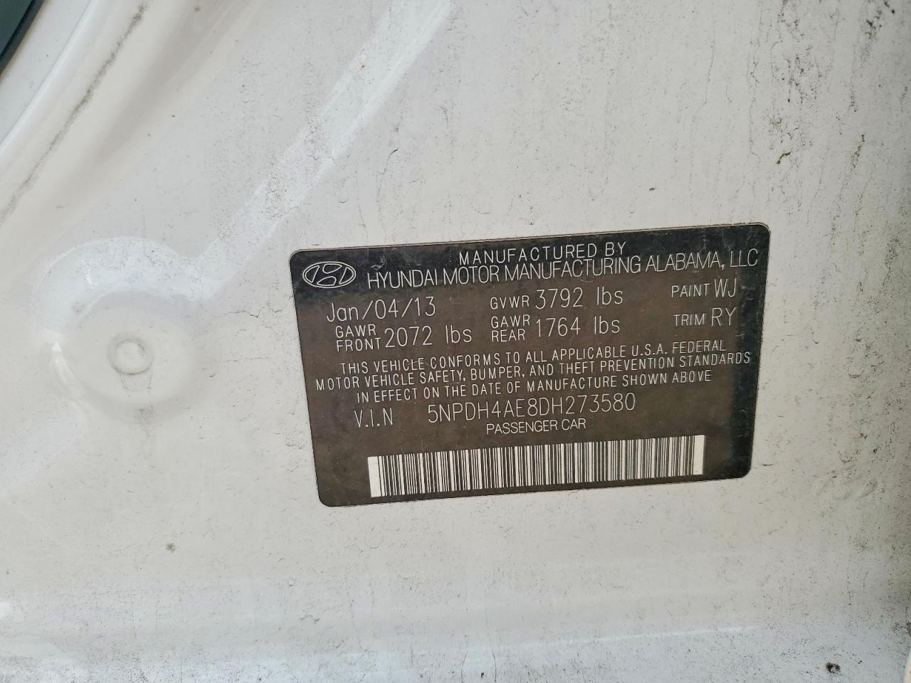 2013 Hyundai Elantra Limited White vin: 5NPDH4AE8DH273580