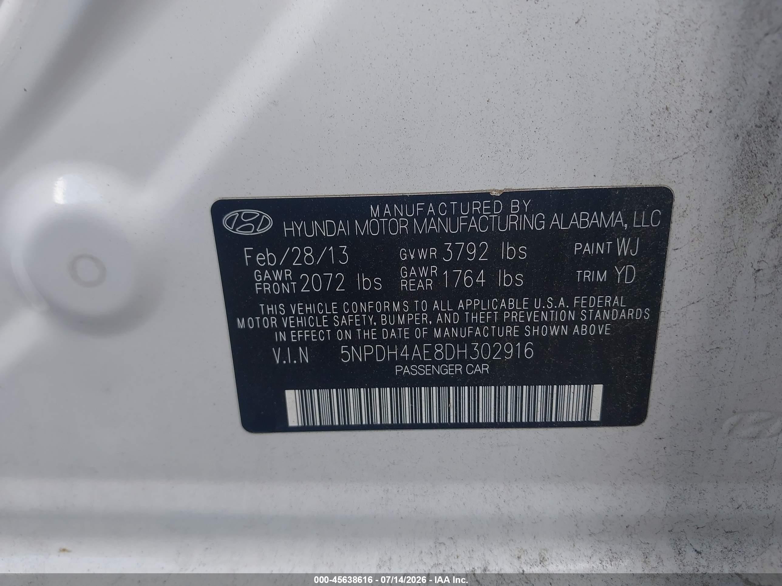 2013 Hyundai Elantra Gls White vin: 5NPDH4AE8DH302916