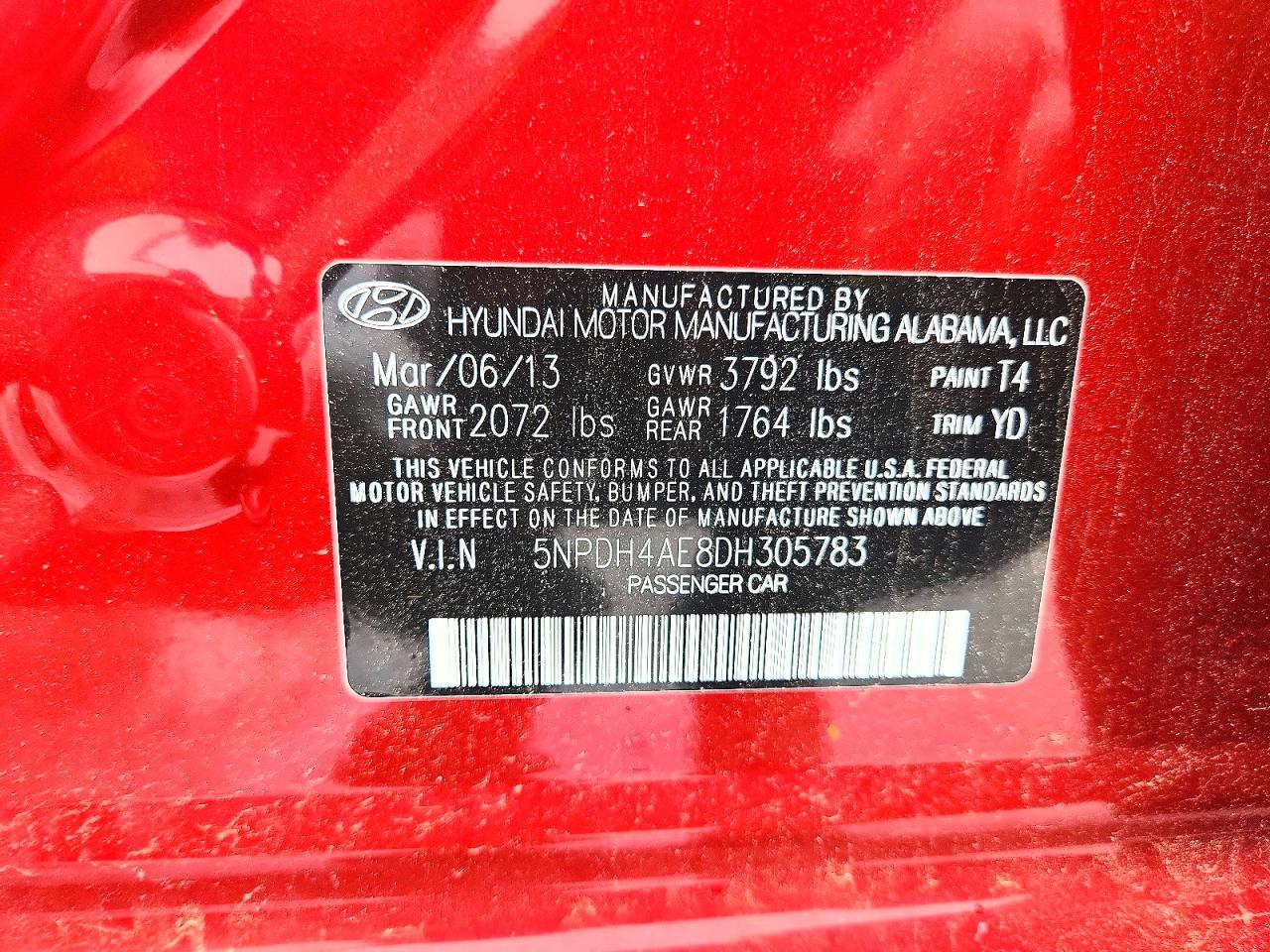 2013 Hyundai Elantra Gls Red vin: 5NPDH4AE8DH305783