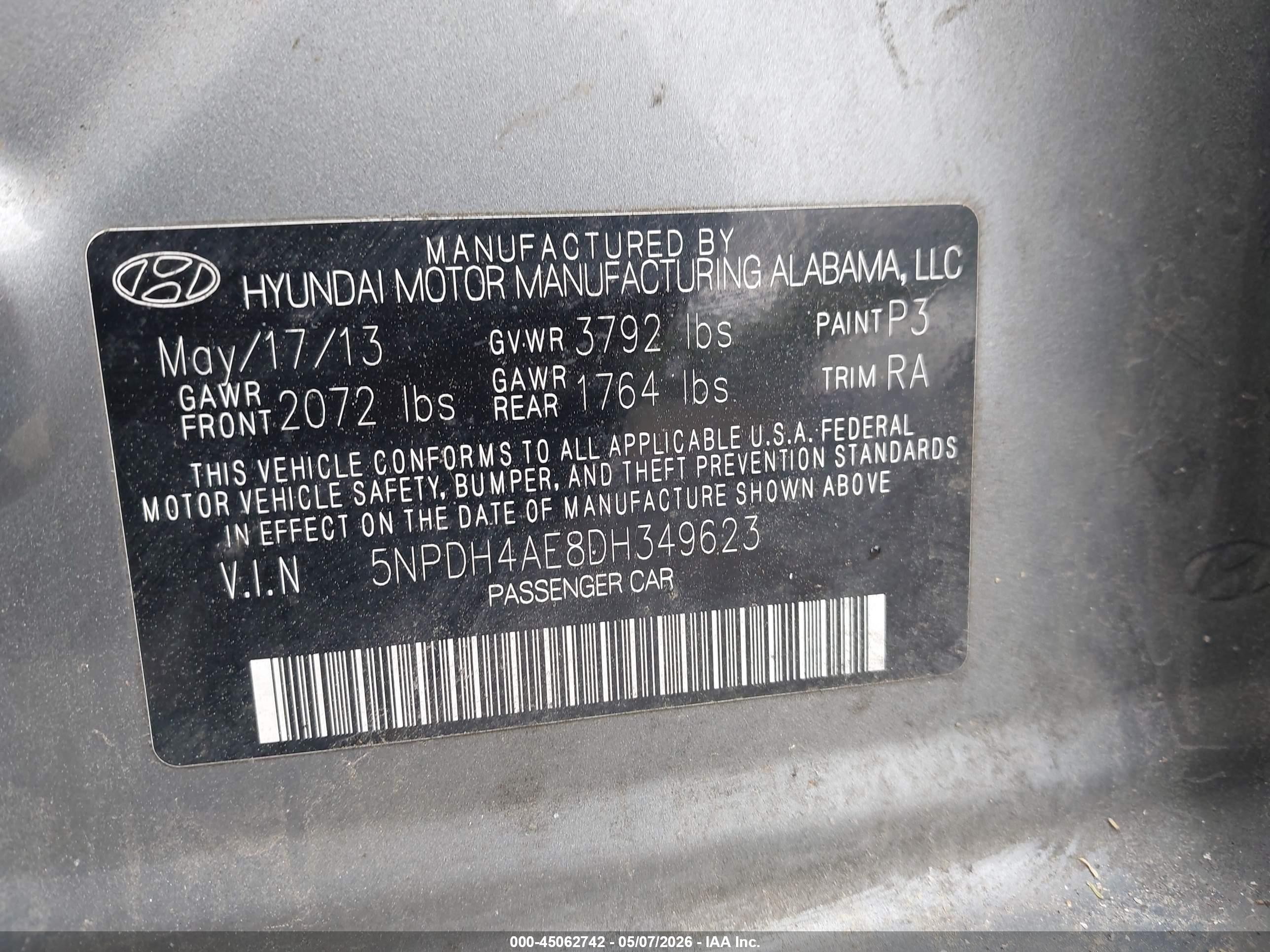 2013 Hyundai Elantra Gls Gray vin: 5NPDH4AE8DH349623