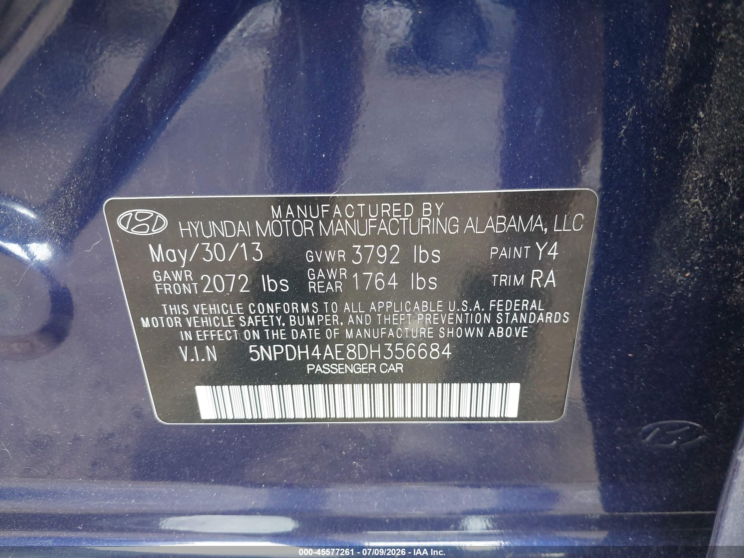 2013 Hyundai Elantra Gls Blue vin: 5NPDH4AE8DH356684