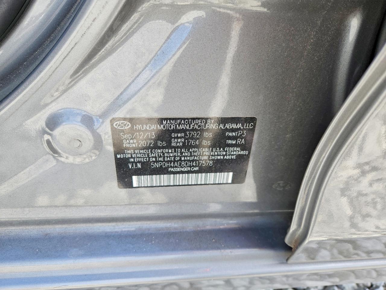 2013 Hyundai Elantra Gls Gray vin: 5NPDH4AE8DH417578