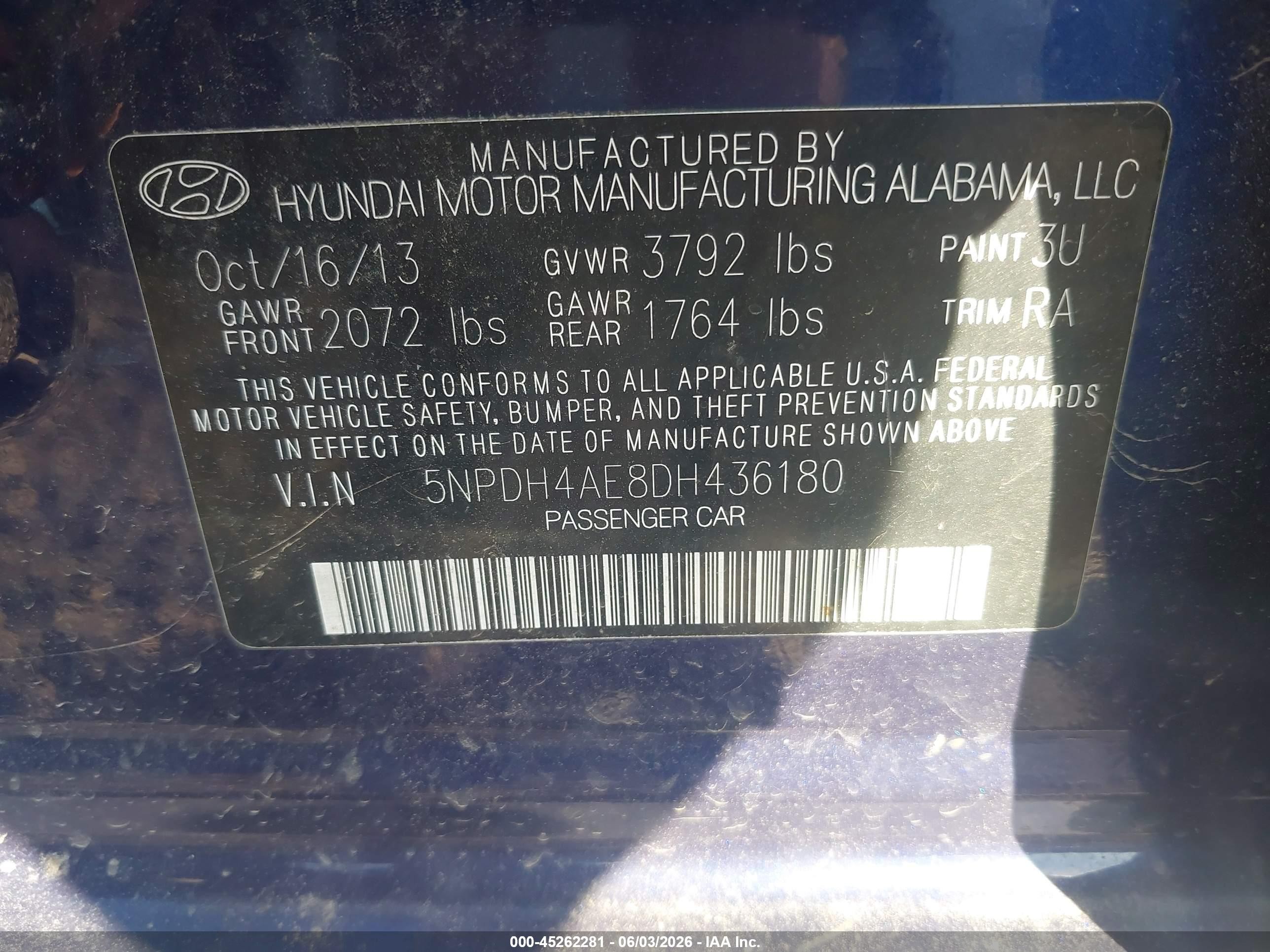 2013 Hyundai Elantra Limited Blue vin: 5NPDH4AE8DH436180