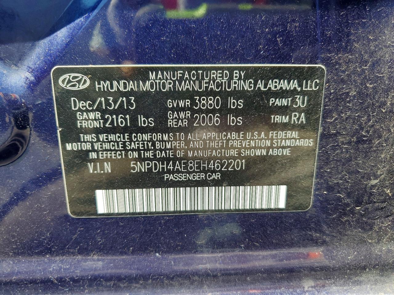 2014 Hyundai Elantra Se Blue vin: 5NPDH4AE8EH462201