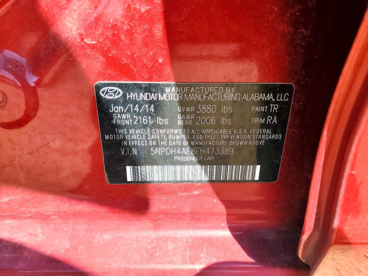 2014 Hyundai Elantra Se Red vin: 5NPDH4AE8EH473389