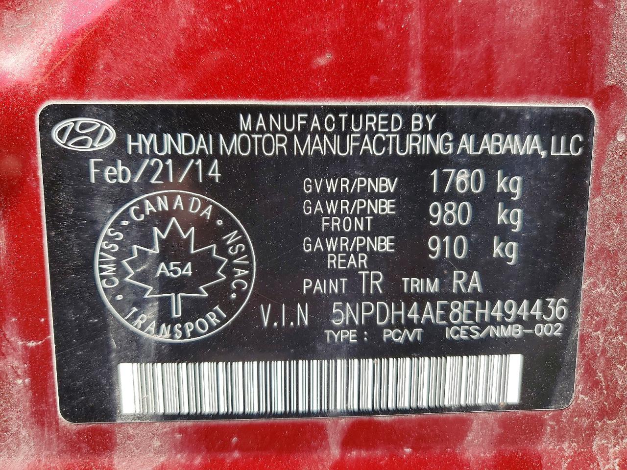 2014 Hyundai Elantra Se Red vin: 5NPDH4AE8EH494436