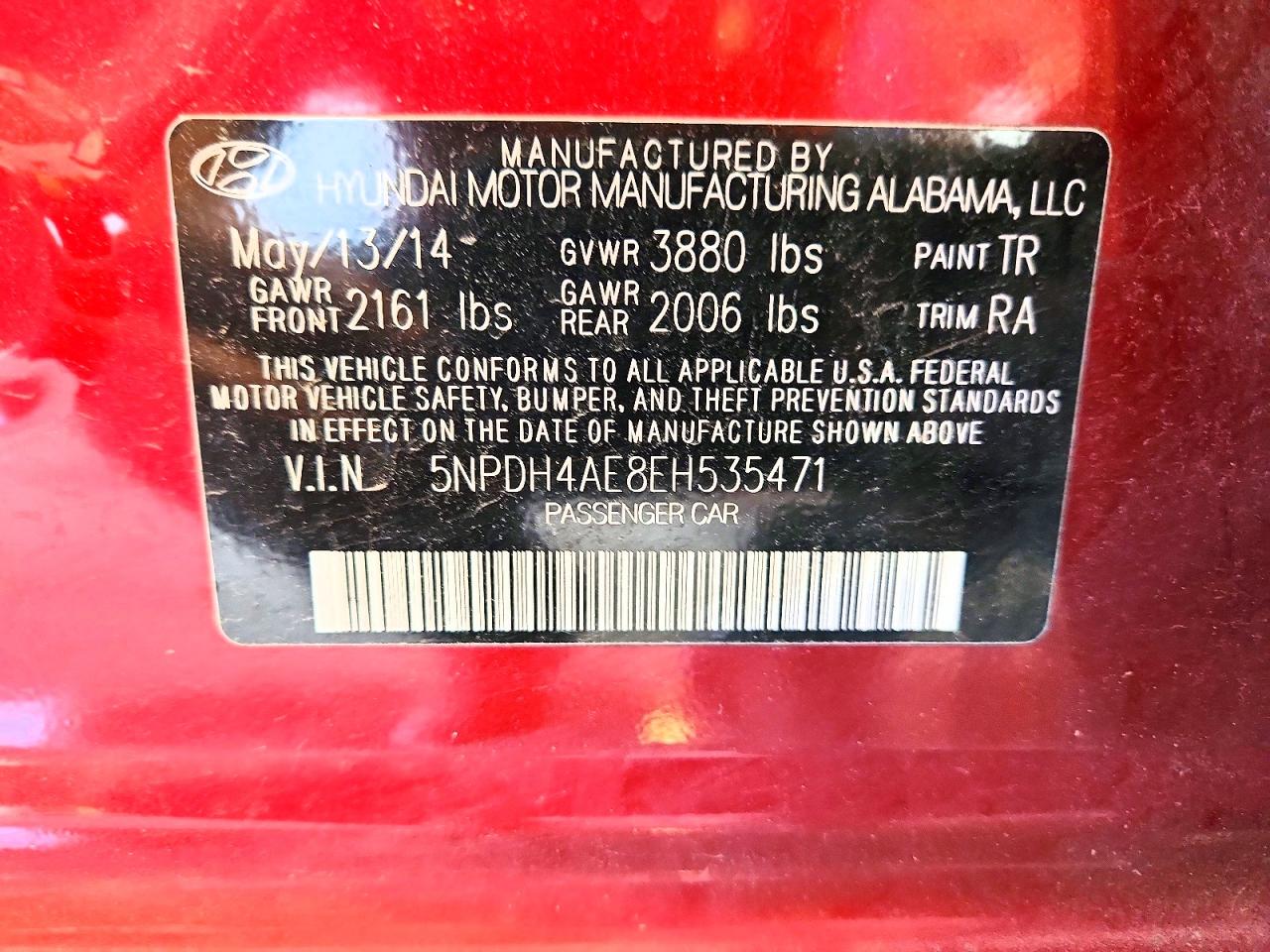 2014 Hyundai Elantra Se Red vin: 5NPDH4AE8EH535471