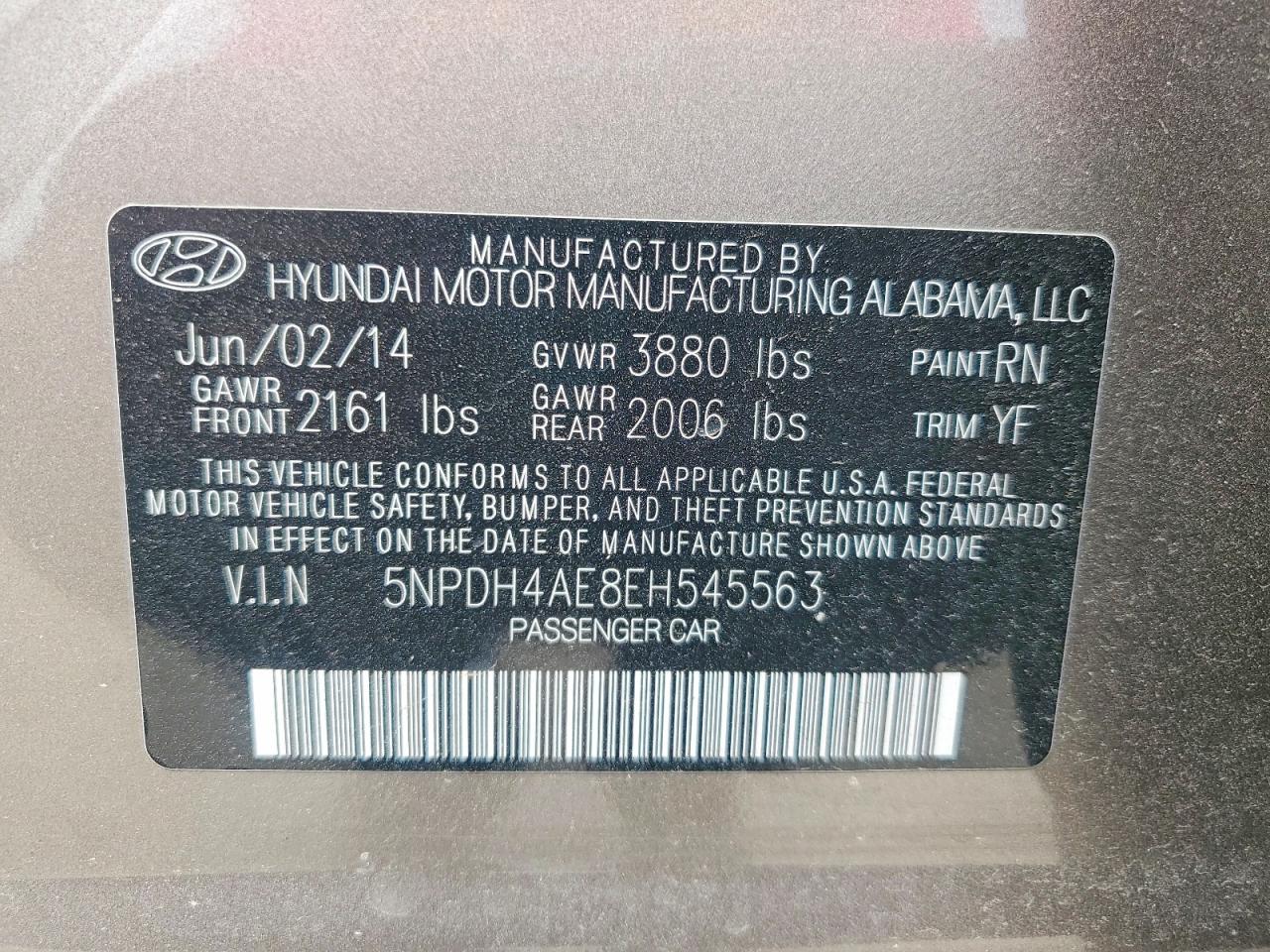 2014 Hyundai Elantra Se Gold vin: 5NPDH4AE8EH545563