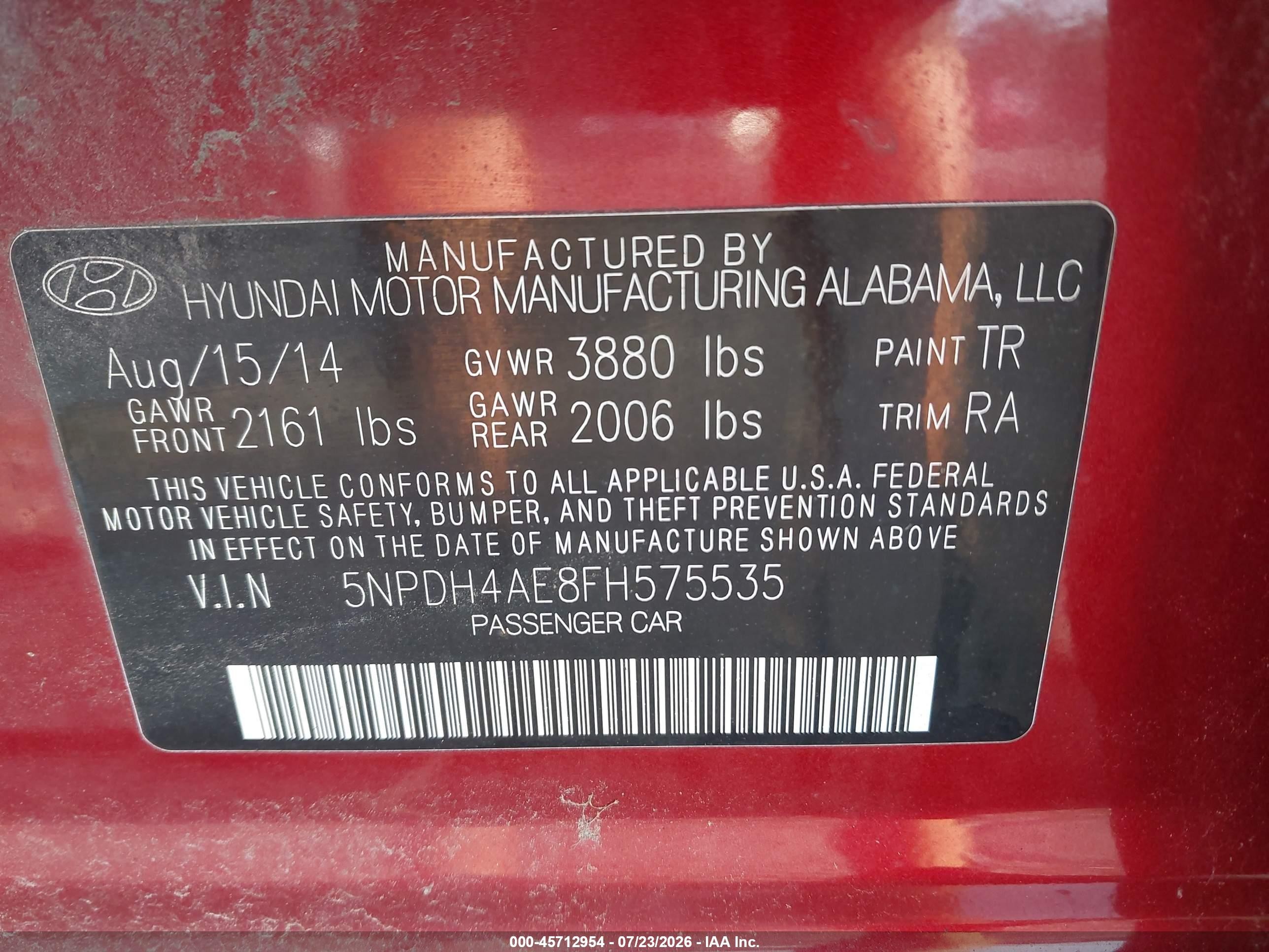 2015 Hyundai Elantra Se Red vin: 5NPDH4AE8FH575535