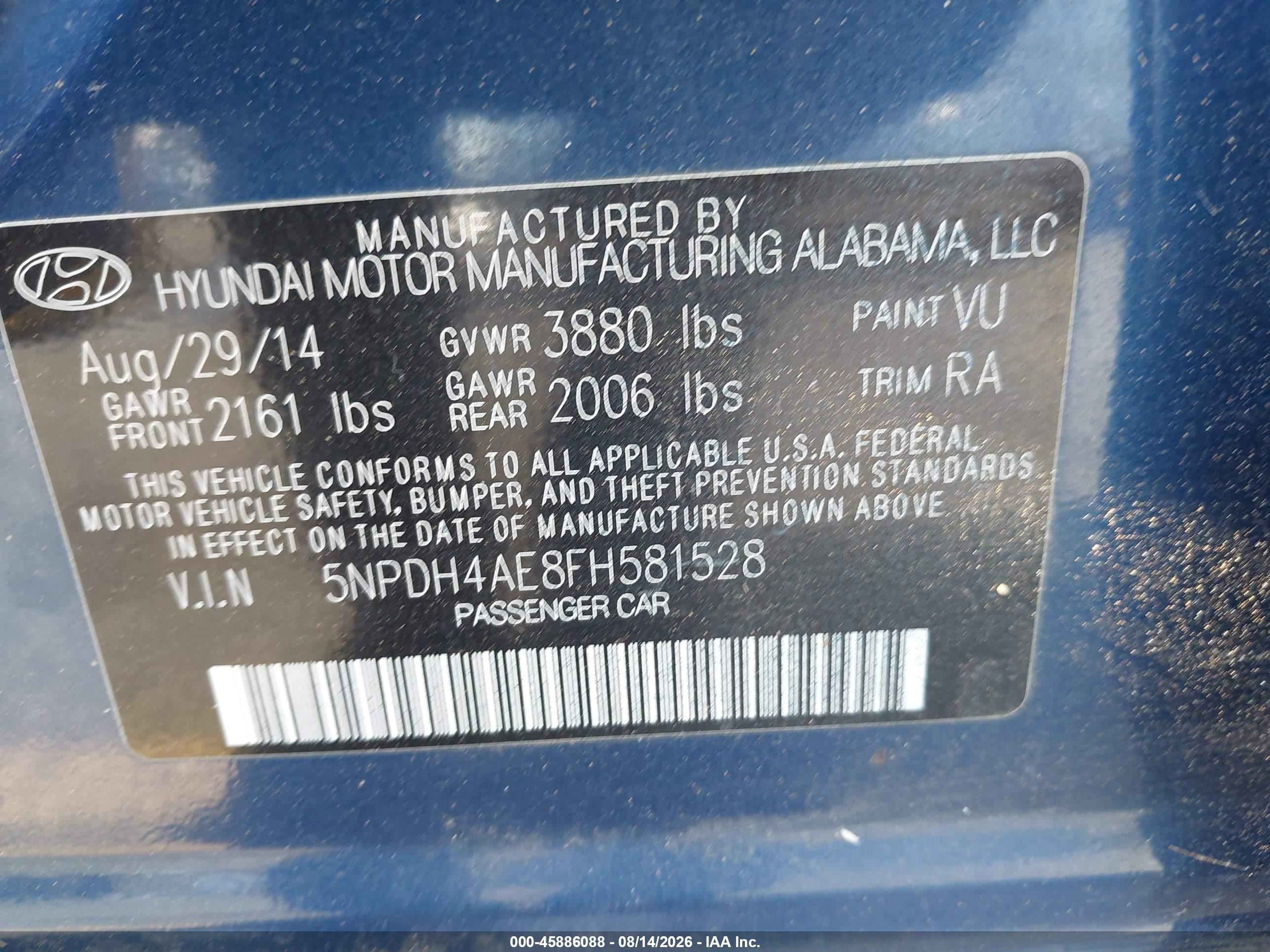 2015 Hyundai Elantra Se Blue vin: 5NPDH4AE8FH581528
