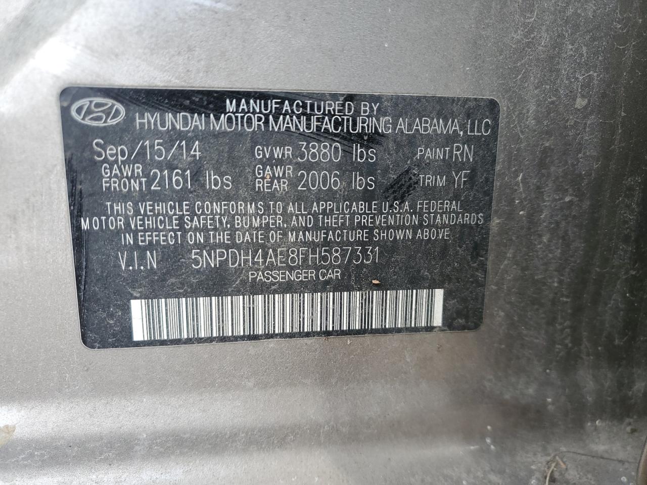 2015 Hyundai Elantra Se   Gray vin: 5NPDH4AE8FH587331