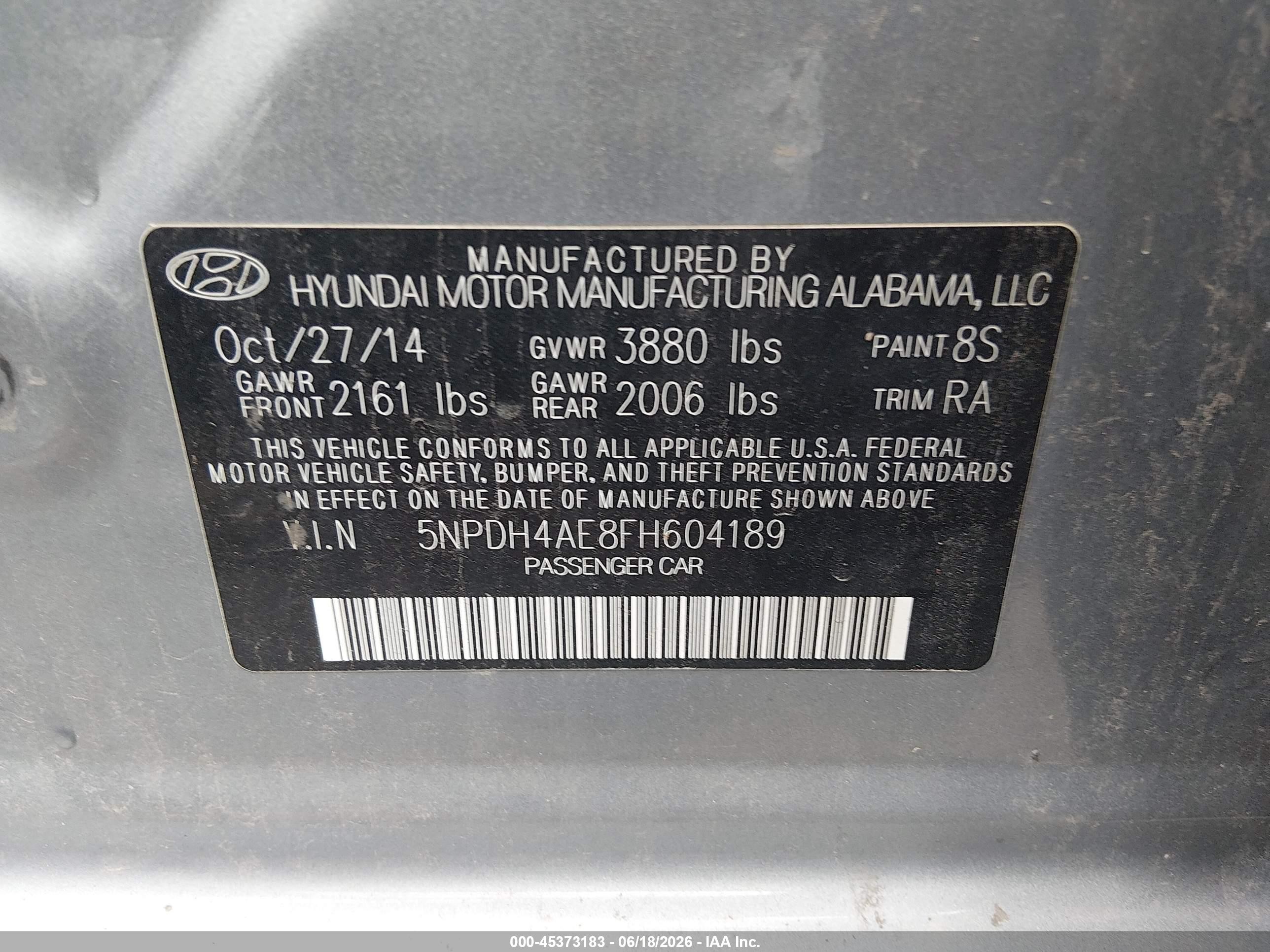 2015 Hyundai Elantra Se Gray vin: 5NPDH4AE8FH604189