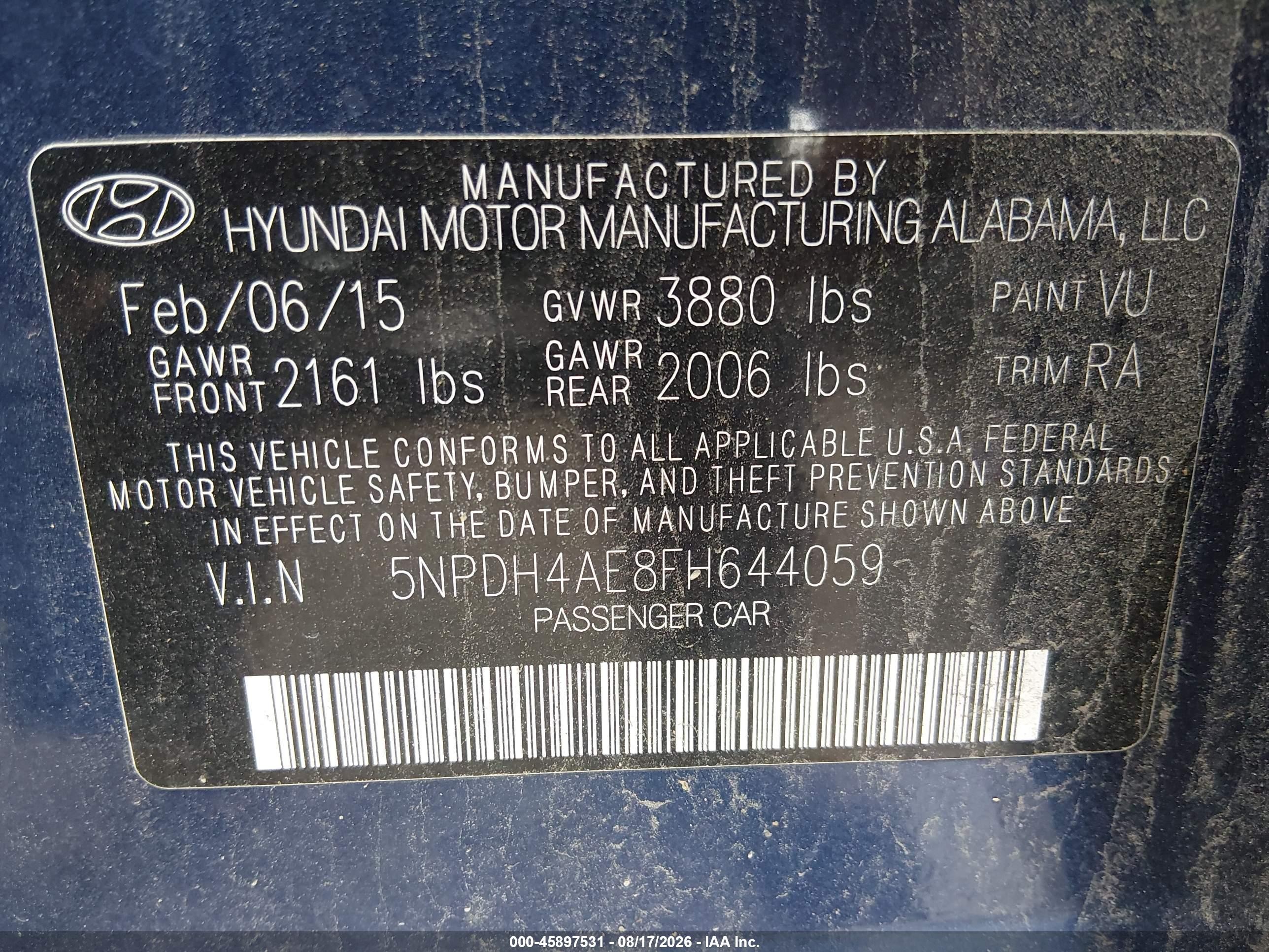 2015 Hyundai Elantra Se Blue vin: 5NPDH4AE8FH644059