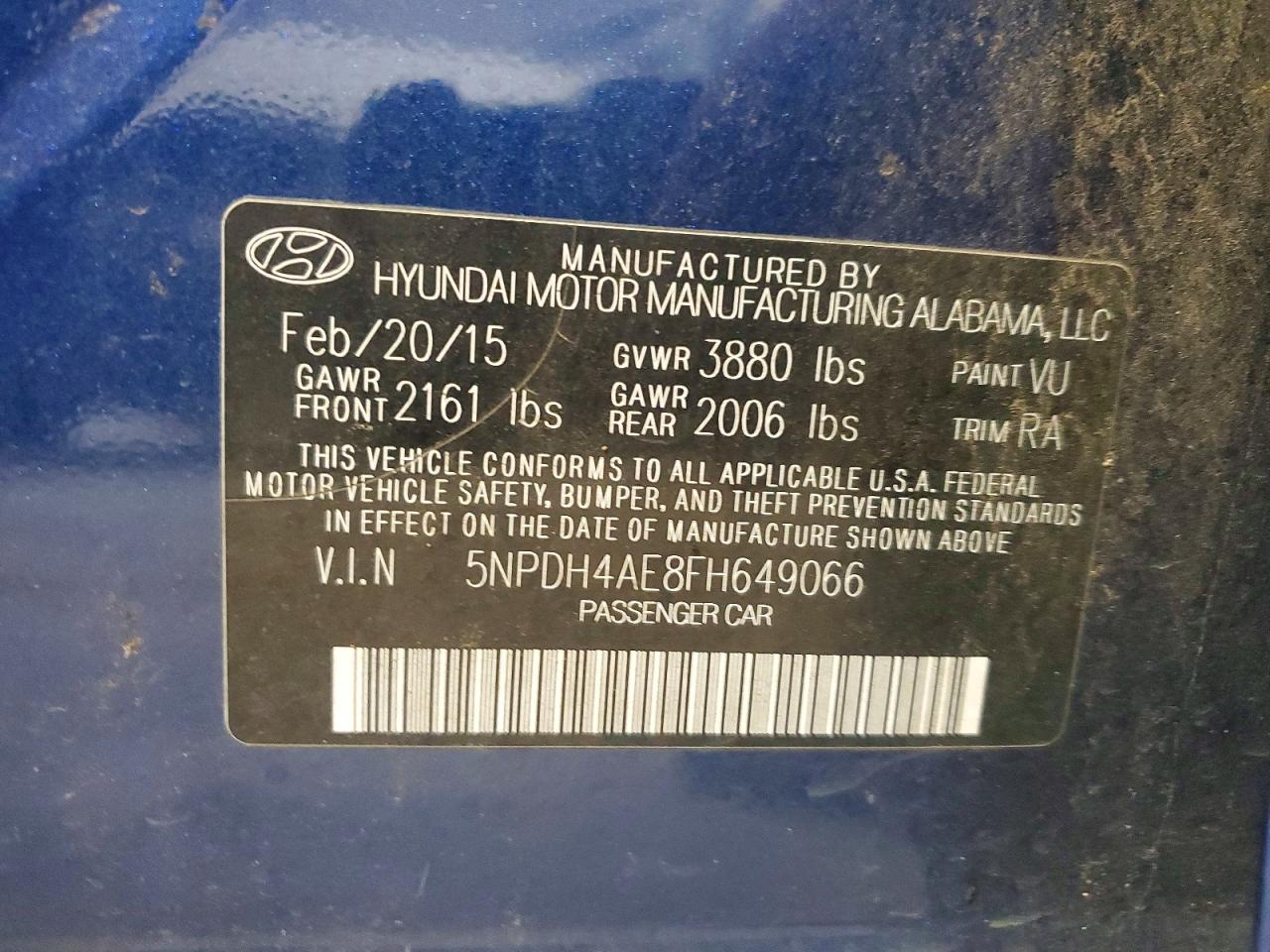2015 Hyundai Elantra Se Blue vin: 5NPDH4AE8FH649066