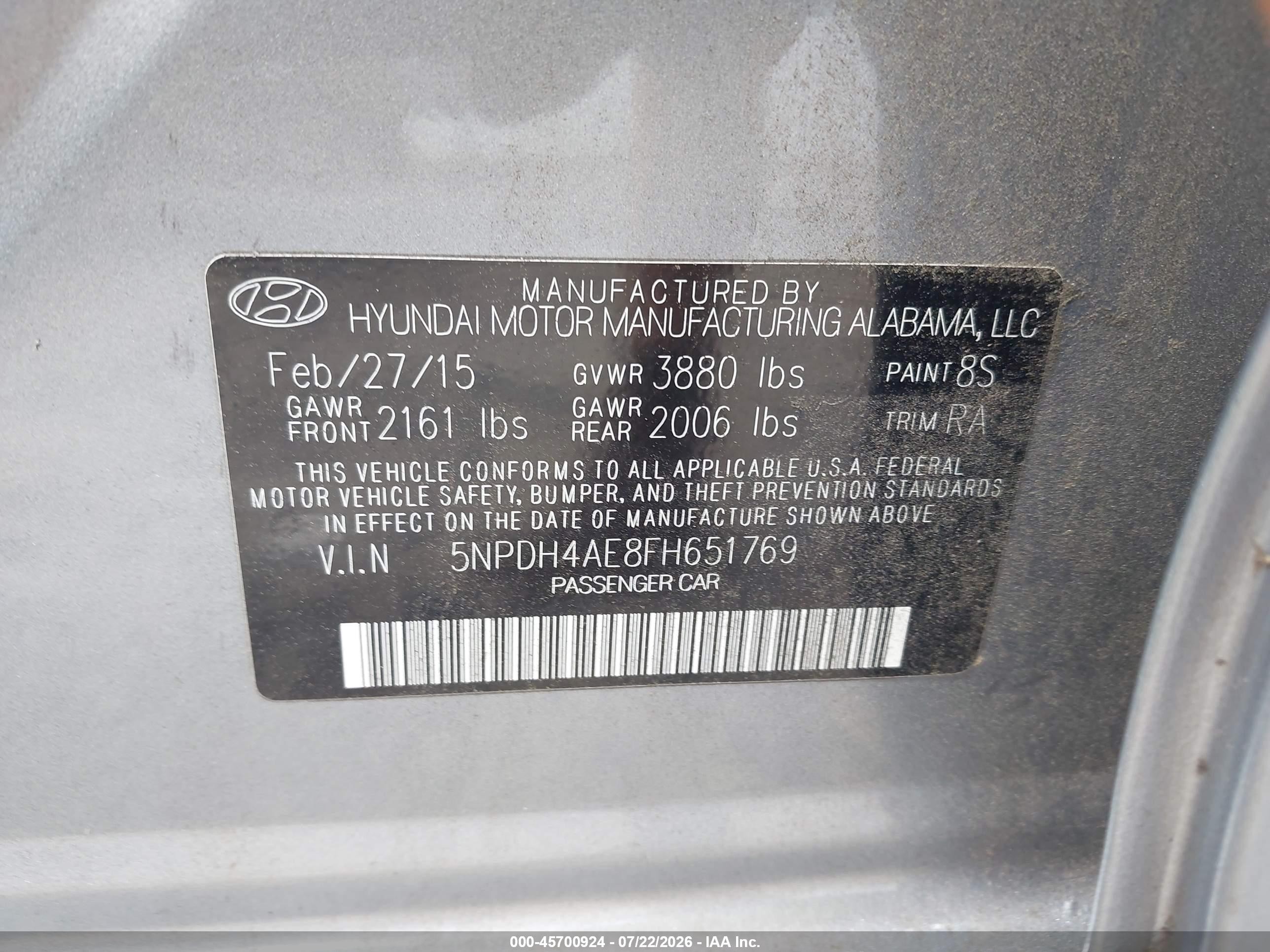 2015 Hyundai Elantra Se Gray vin: 5NPDH4AE8FH651769