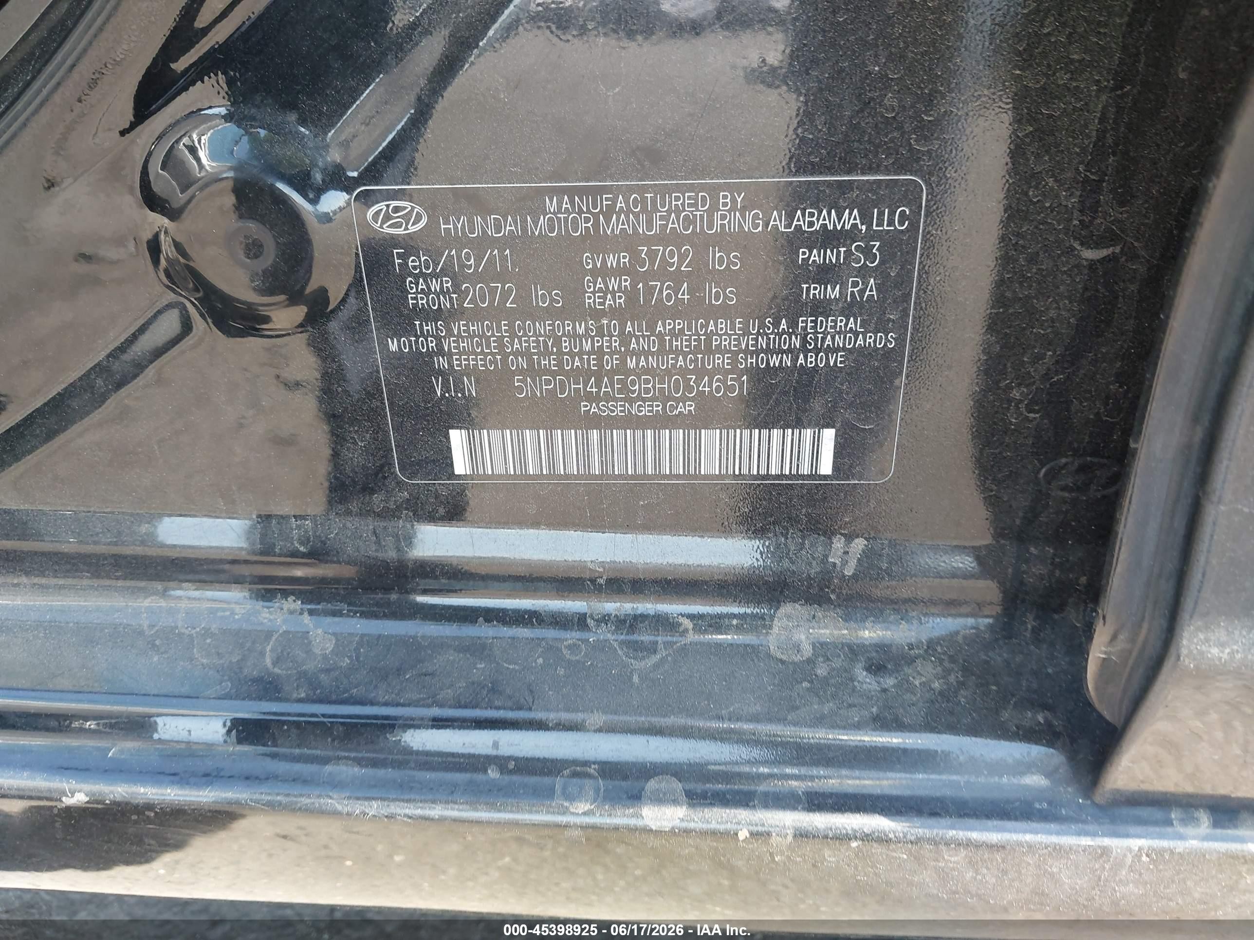 2011 Hyundai Elantra Gls Black vin: 5NPDH4AE9BH034651