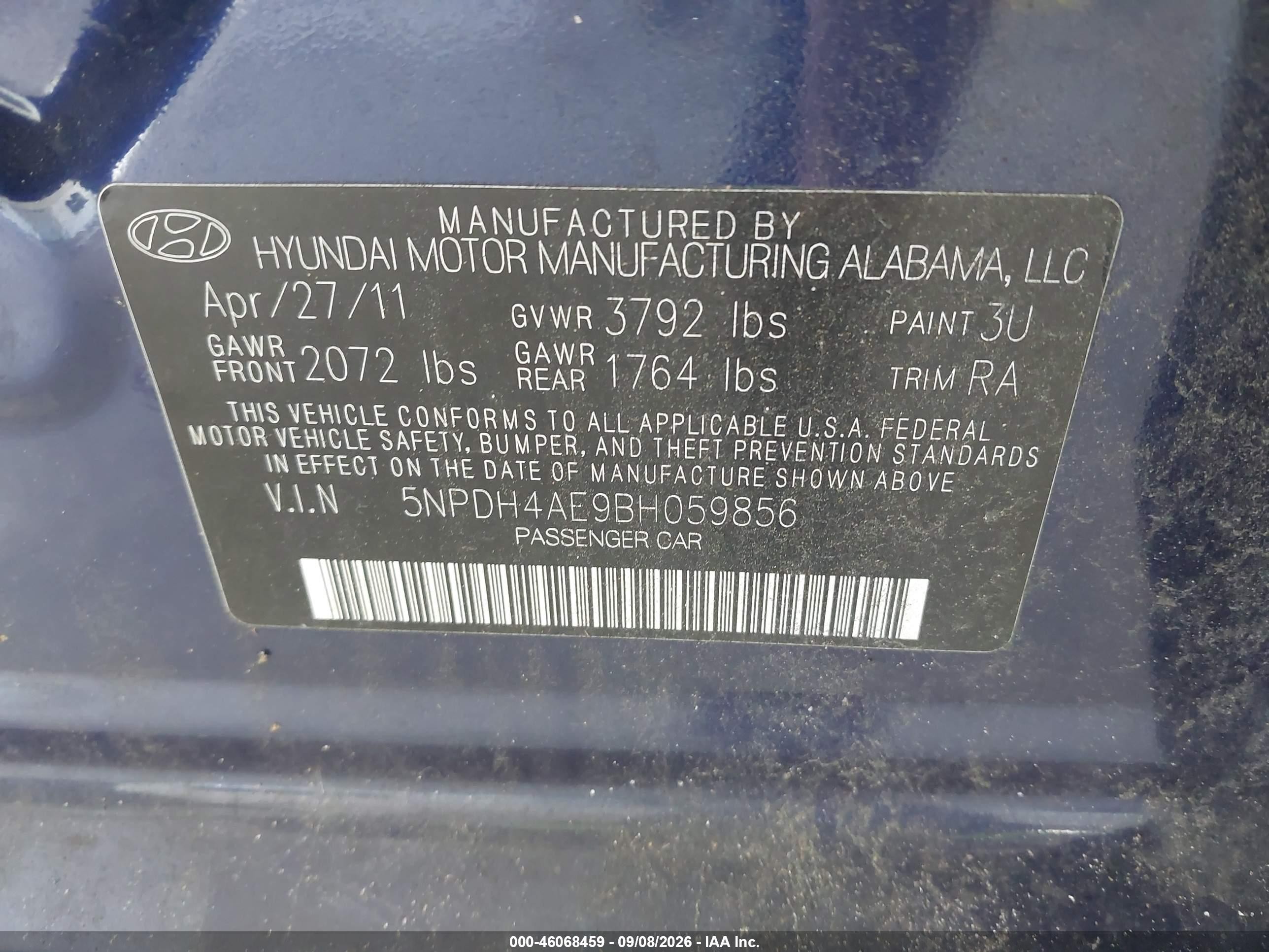 2011 Hyundai Elantra Gls Blue vin: 5NPDH4AE9BH059856