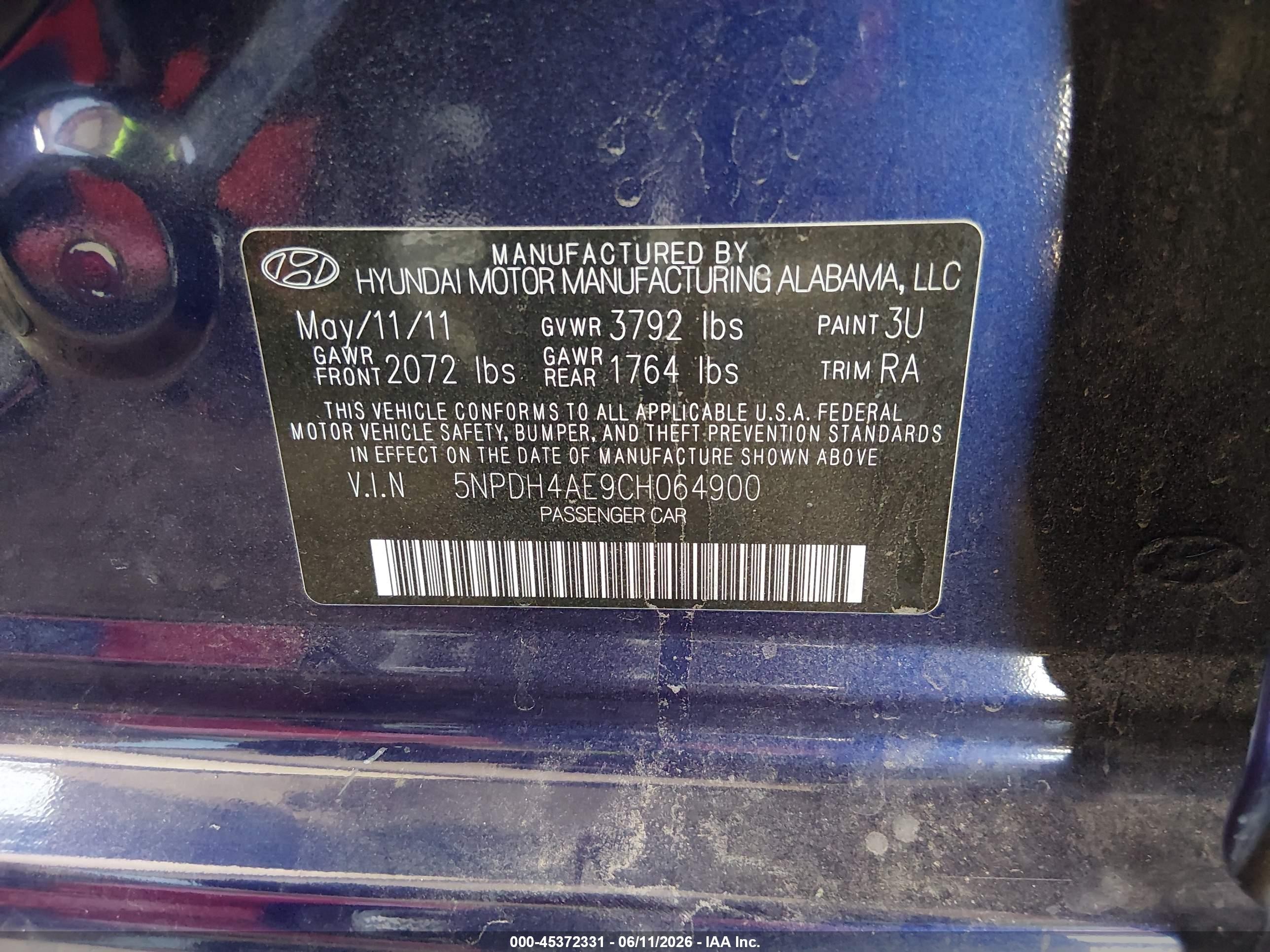 2012 Hyundai Elantra Gls Blue vin: 5NPDH4AE9CH064900