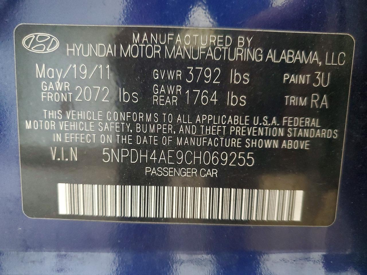 2012 Hyundai Elantra Gls Blue vin: 5NPDH4AE9CH069255